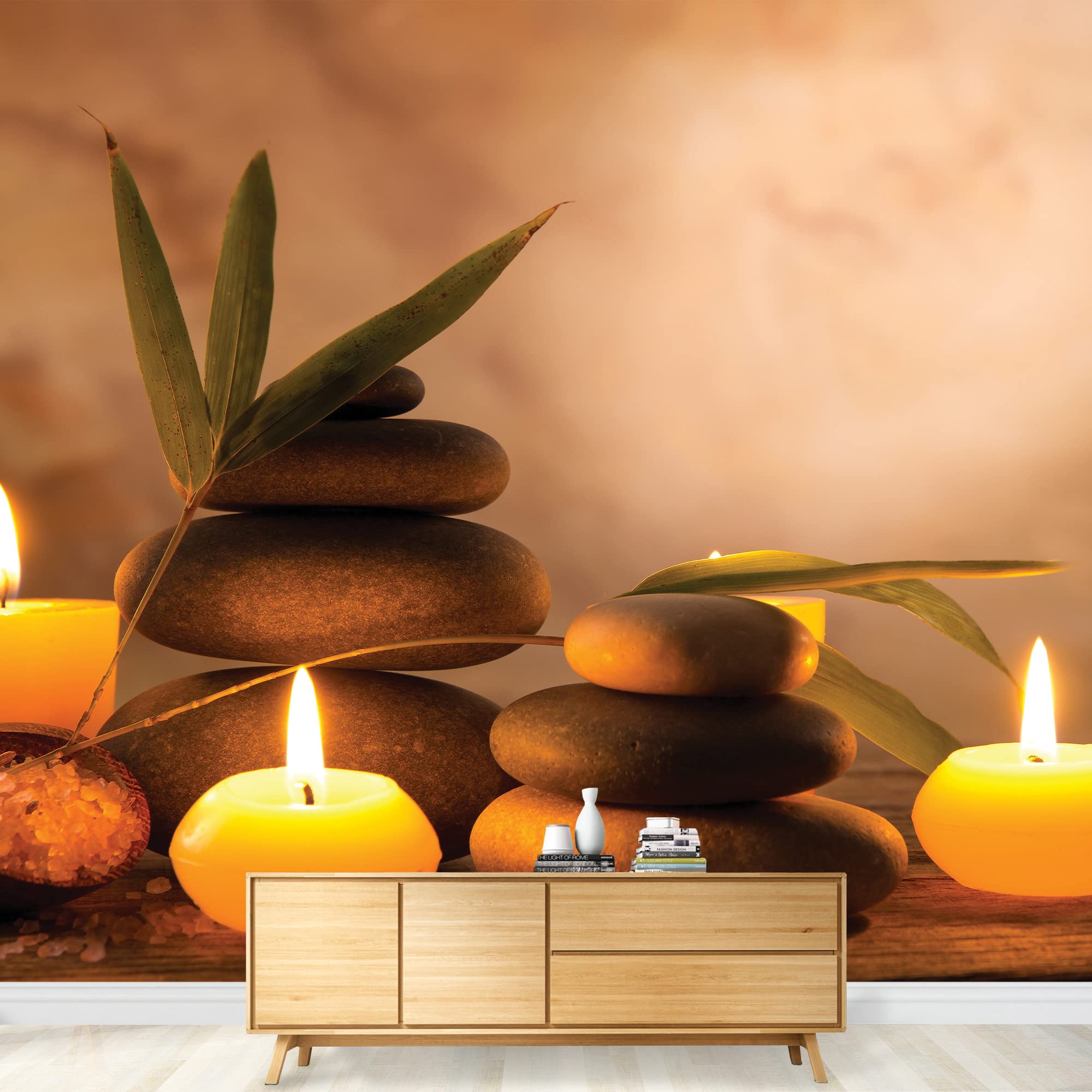 Wall26 Zen Wall Mural - Rocks Surrounded by Candles & Branches, Removable Peel & Stick Wallpaper, Home Decor (100x144 inches) - Perfect for Meditation Rooms, Yoga Studios & Spa Decor