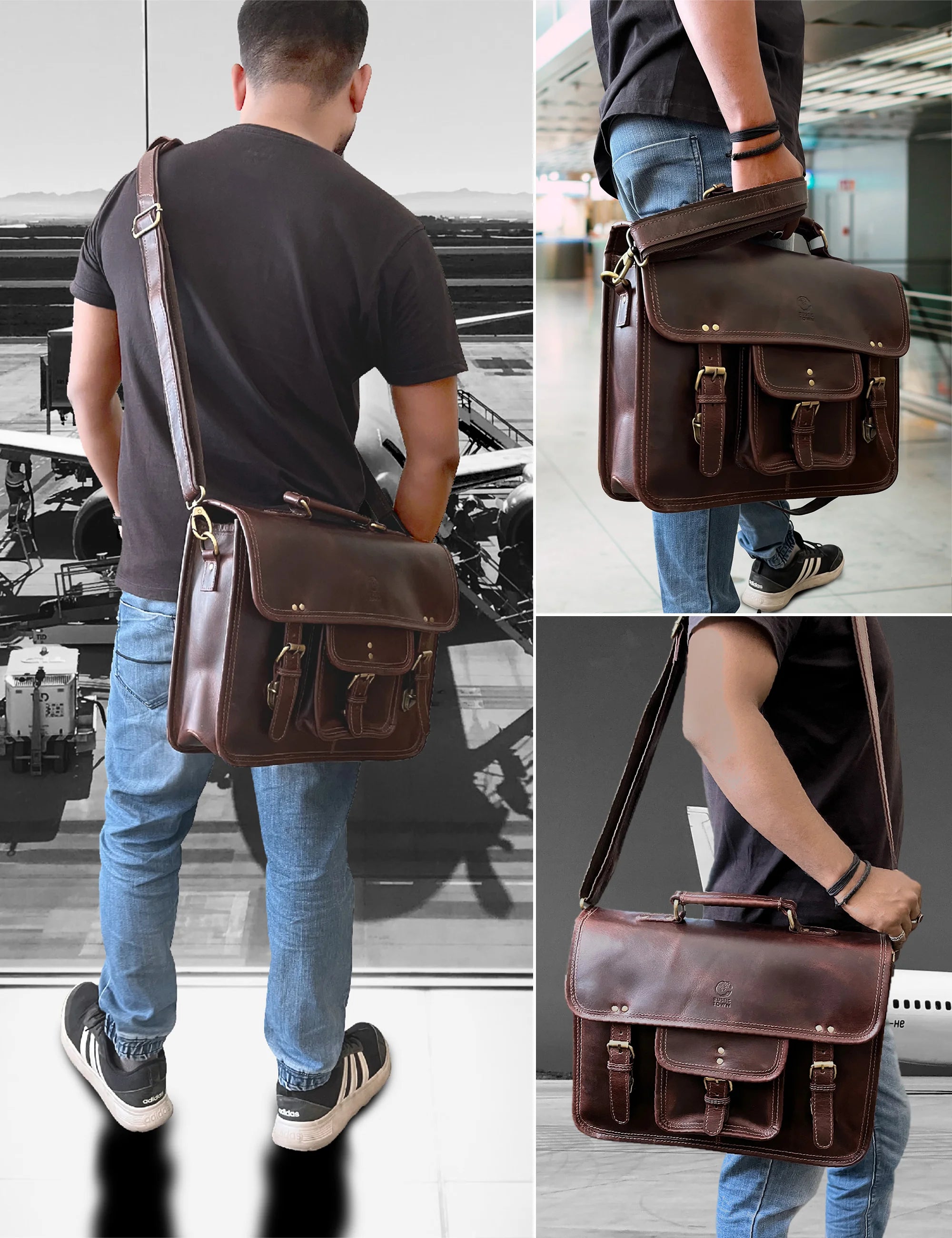 Hunter Buffalo 16 Classic Leather Satchel Briefcase Bag for Men & Women - Genuine Walnut Brown Business Bag - Perfect for Office, Work, Travel & Daily Commute