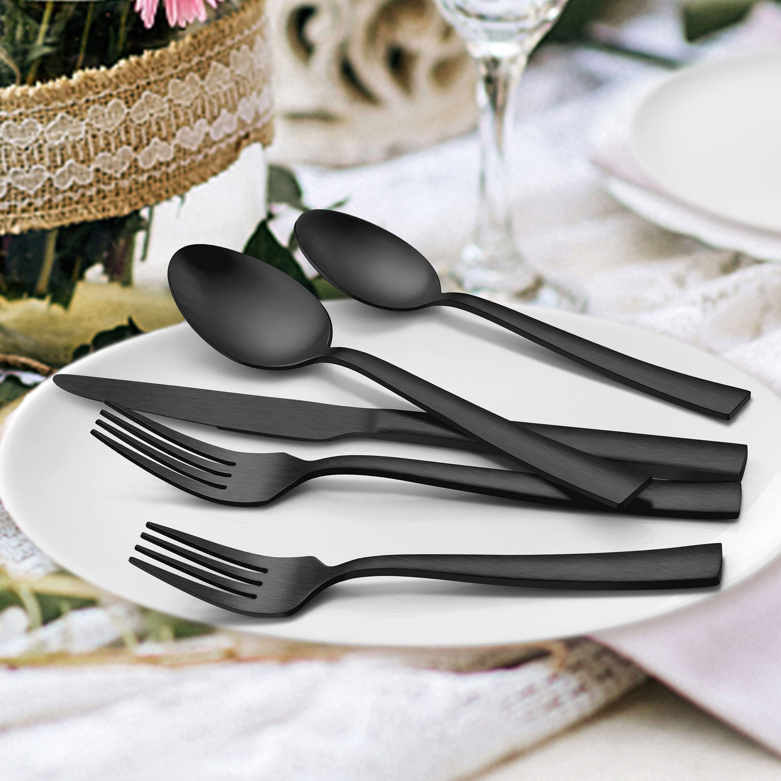 45-Piece Matte Black Silverware Set with Serving Utensils - Stainless Steel Flatware Cutlery Set for 8 - Square Tableware for Wedding, Home & Restaurant - Satin Finish & Dishwasher Safe - Perfect for Dinner Parties, Holidays & Everyday Dining