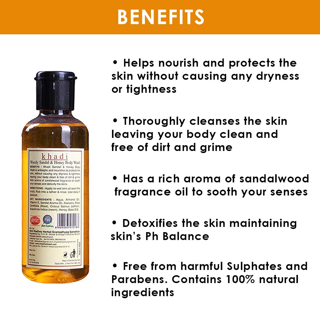 KHADI RISHIKESH Herbal Sandalwood & Honey Body Wash - 210ml | Natural Ayurvedic Cleanser for Dry & Sensitive Skin | Perfect for Daily Shower & Spa Relaxation