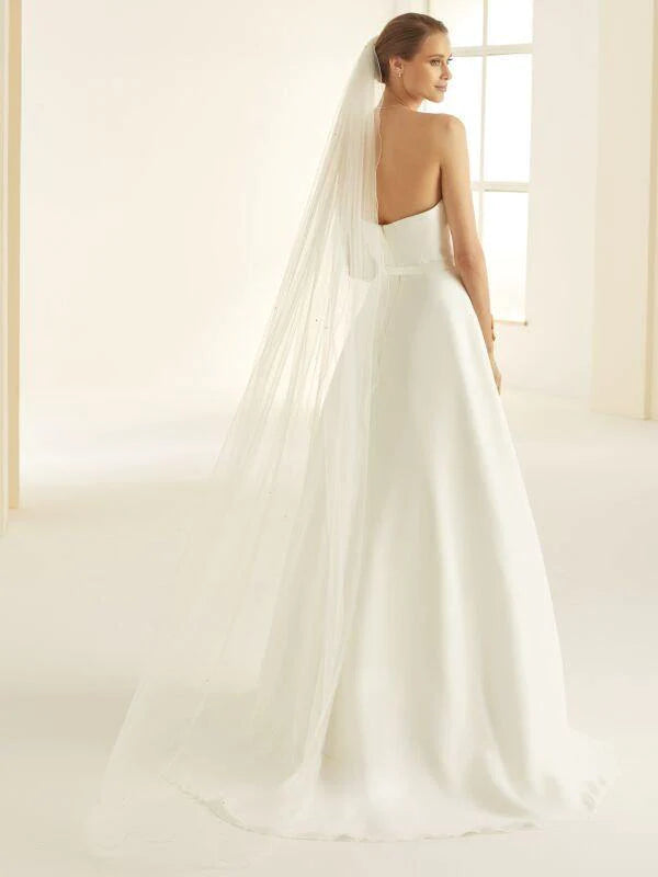 Elegant Chapel Length Single Tier Wedding Veil with Corded Edge & Swarovski Crystals - Soft Ivory Tulle (S321) | Perfect for Bridal Ceremonies, First Dances & Wedding Photography
