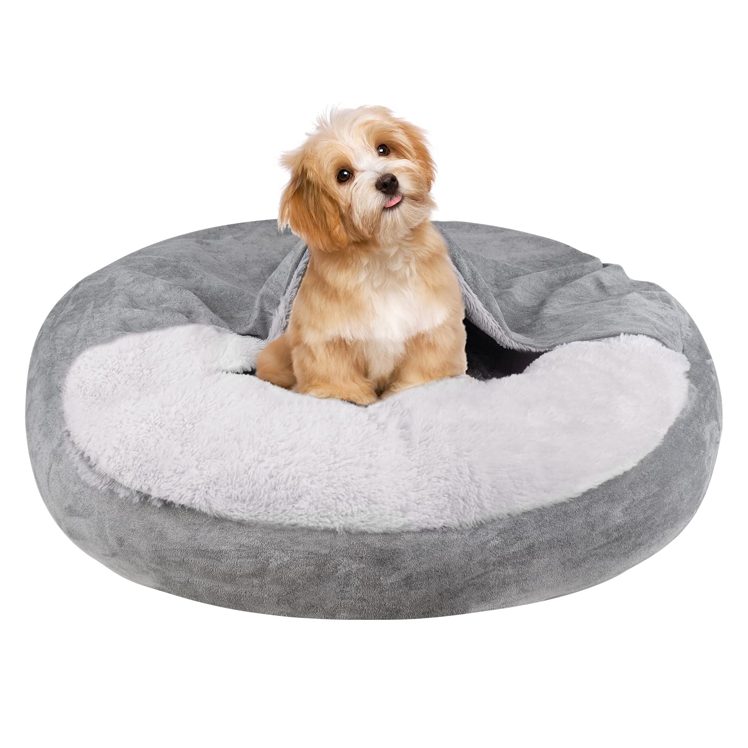 MICOOYO Medium Donut Dog Bed with Hooded Blanket - Washable Round Cuddler Pet Bed for Small to Medium Dogs & Cats (27 Inch, Grey) - Perfect for Indoor Lounging, Crate Comfort & Cozy Napping