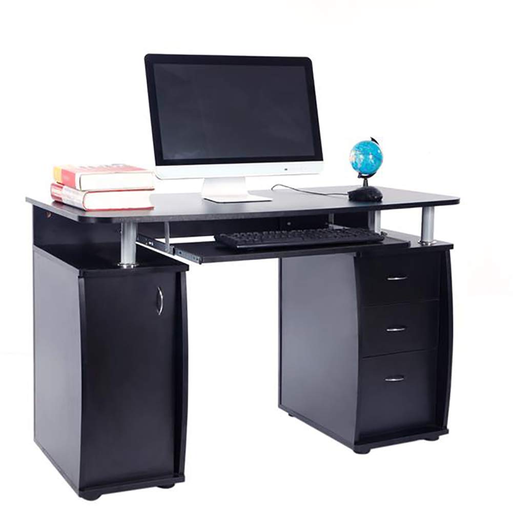 2021 Commercial Standardized Computer Desk - Black Office Gaming Table with 1 Door & 3 Drawers - Ergonomic Workstation for Home Office, Study & Gaming Setup