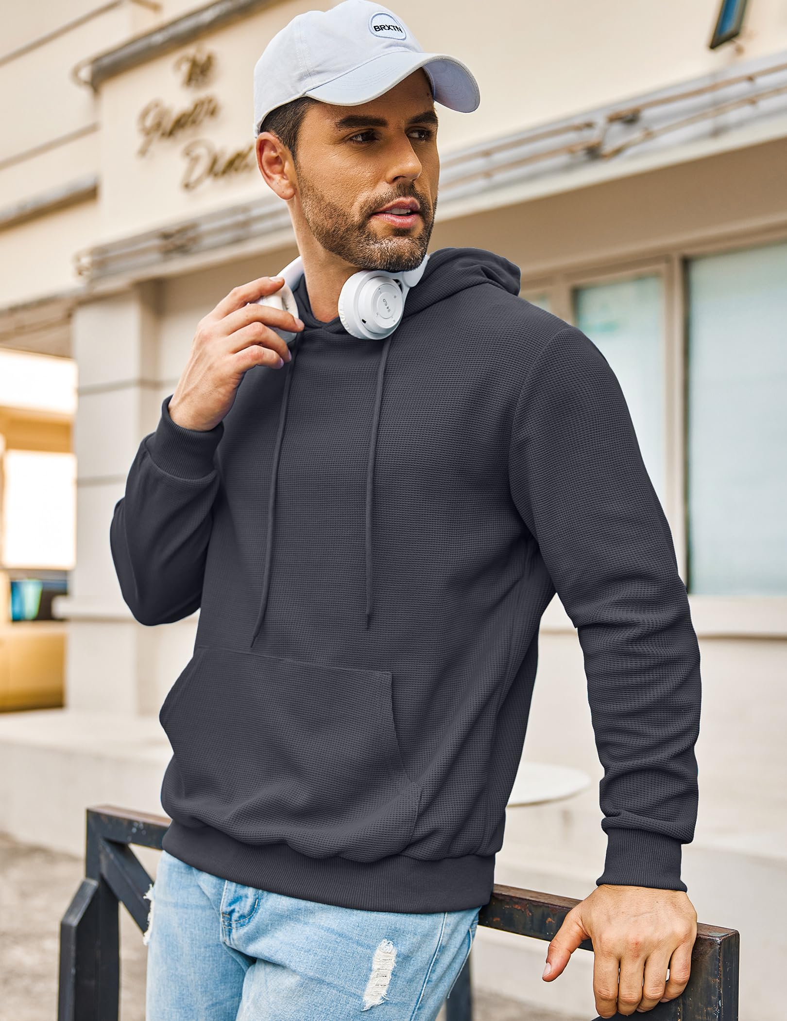 COOFANDY Men's Hooded Sweatshirt - Long Sleeve Waffle Knit Pullover Hoodie with Pocket | Casual Streetwear for Fall & Winter | Perfect for Outdoor Activities, Gym, and Everyday Wear