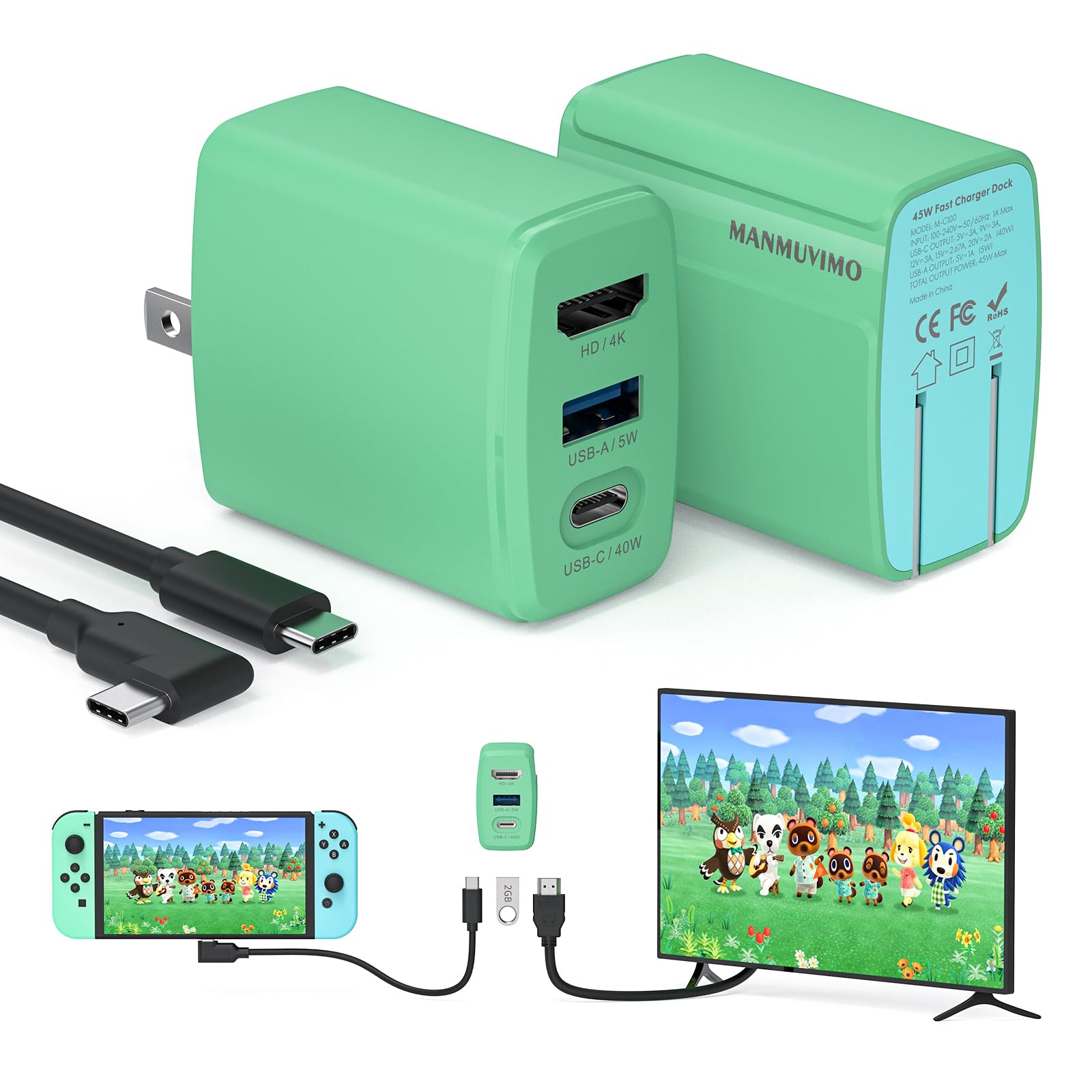 45W Nintendo Switch Dock Charger for Animal Crossing - 4K HDMI TV Docking Station for Switch/OLED/Steam Deck, Fast Charging for iPhone/iPad/MacBook - Portable Gaming Charger with HDMI Output - Perfect for Travel & Home Gaming Setup