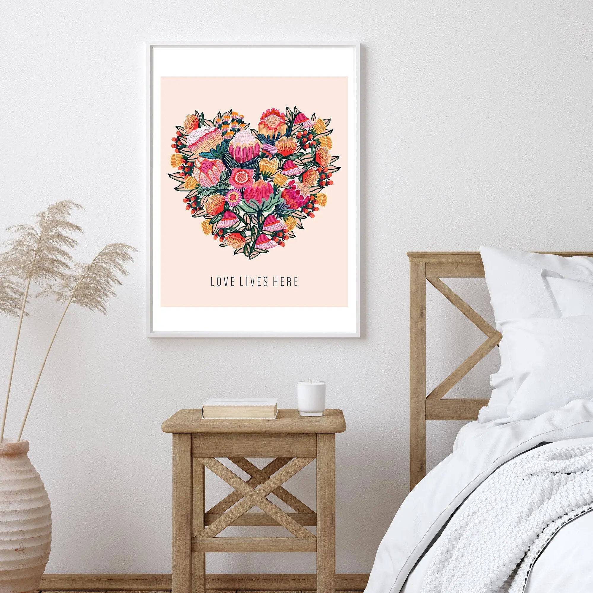 Love Lives Here Floral Heart Art Print - Beautiful Wall Decor for Home, Bedroom & Office - Perfect Gift for Valentine's Day, Wedding & Housewarming