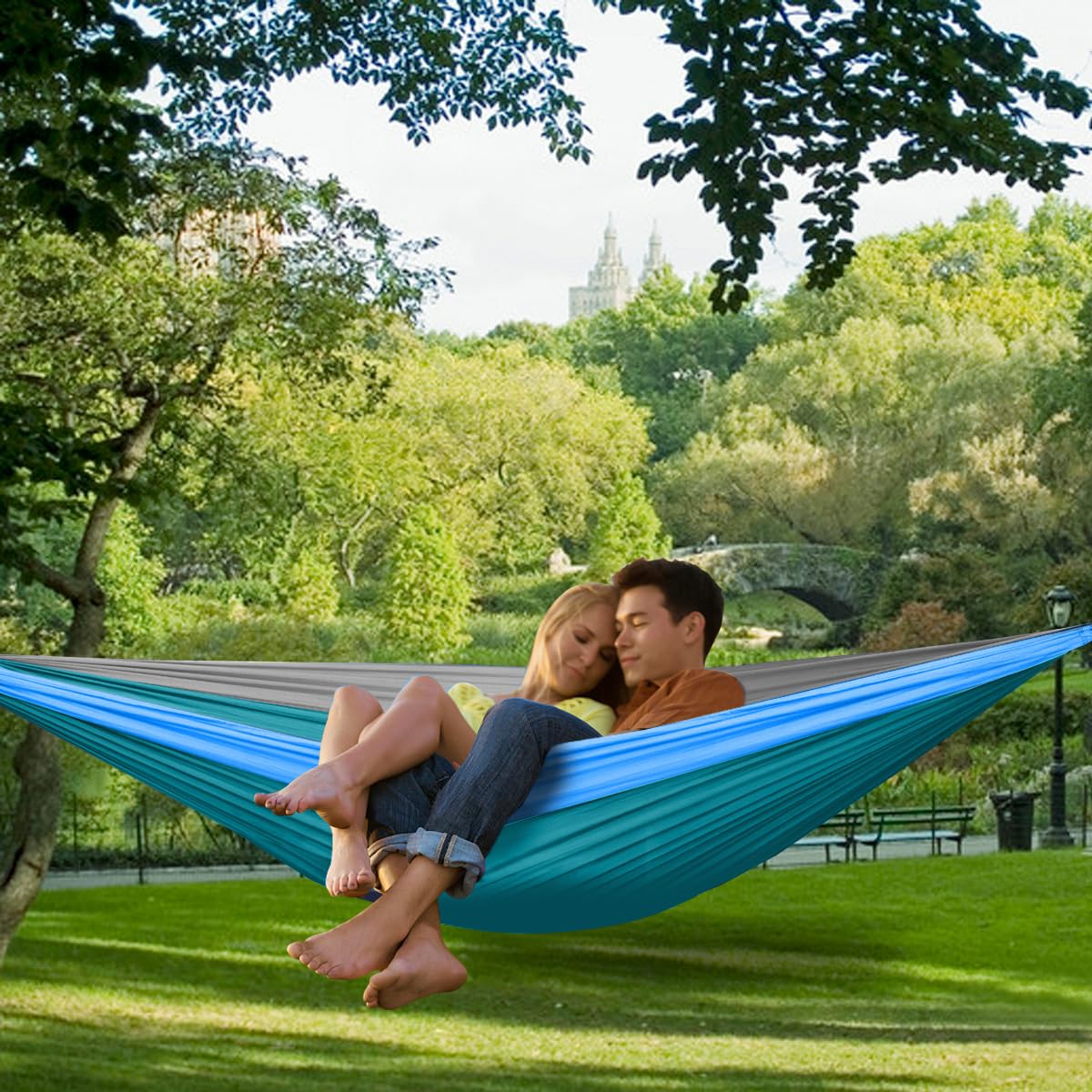 Double Camping Hammock for 2 Persons - Lightweight Portable 210T Nylon Parachute Hammock with 2 Tree Straps (16+2 Loops) - Perfect for Backpacking, Hiking, Beach, Travel & Outdoor Adventures - Lake Blue - Great for Couples Camping, Backyard Relaxation and Forest Getaways