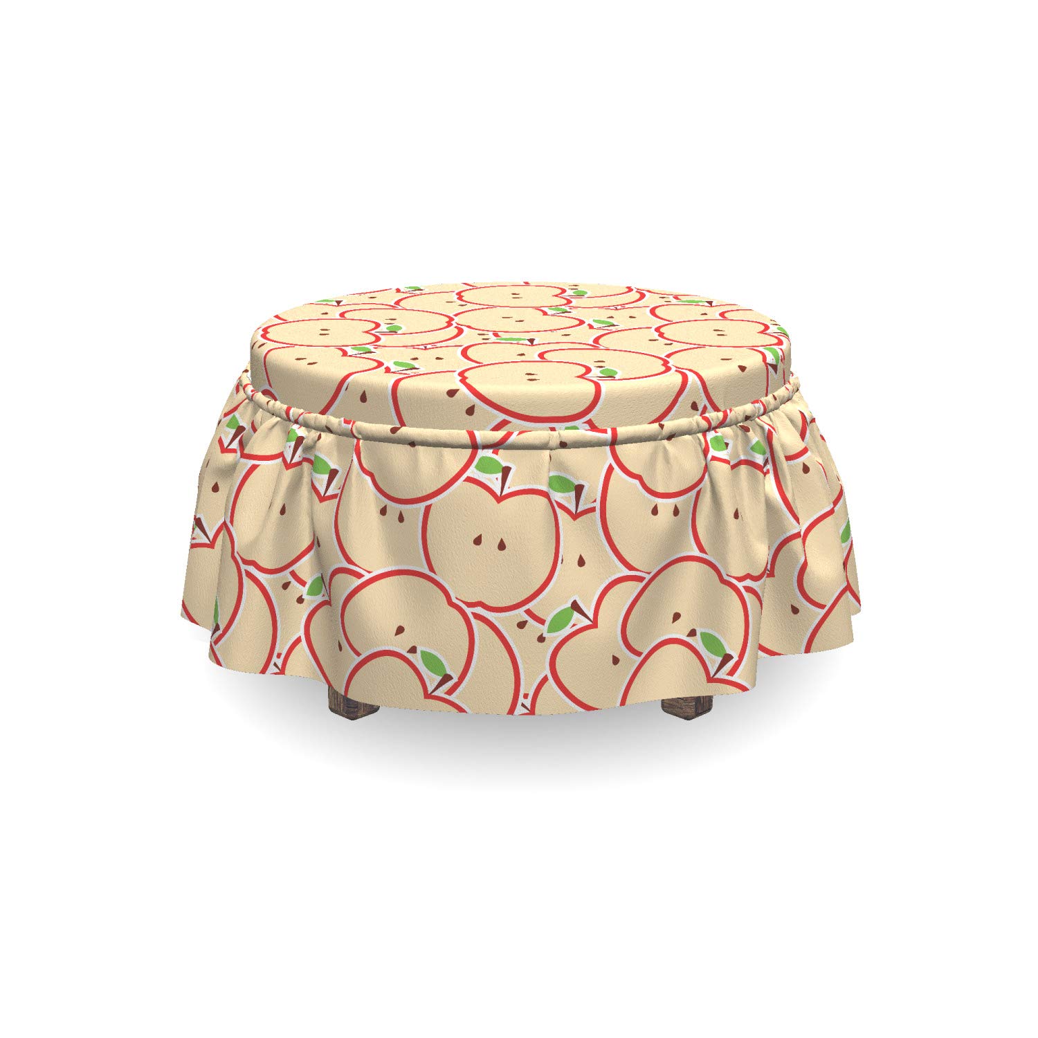 Ambesonne 2-Piece Fruit Ottoman Slipcover Set with Ruffle Skirt - Modern Apple, Beige & Red Fruit Illustration - Fits Square/Round Cube Footstools - Home Decor Accent for Living Room, Bedroom & Nursery