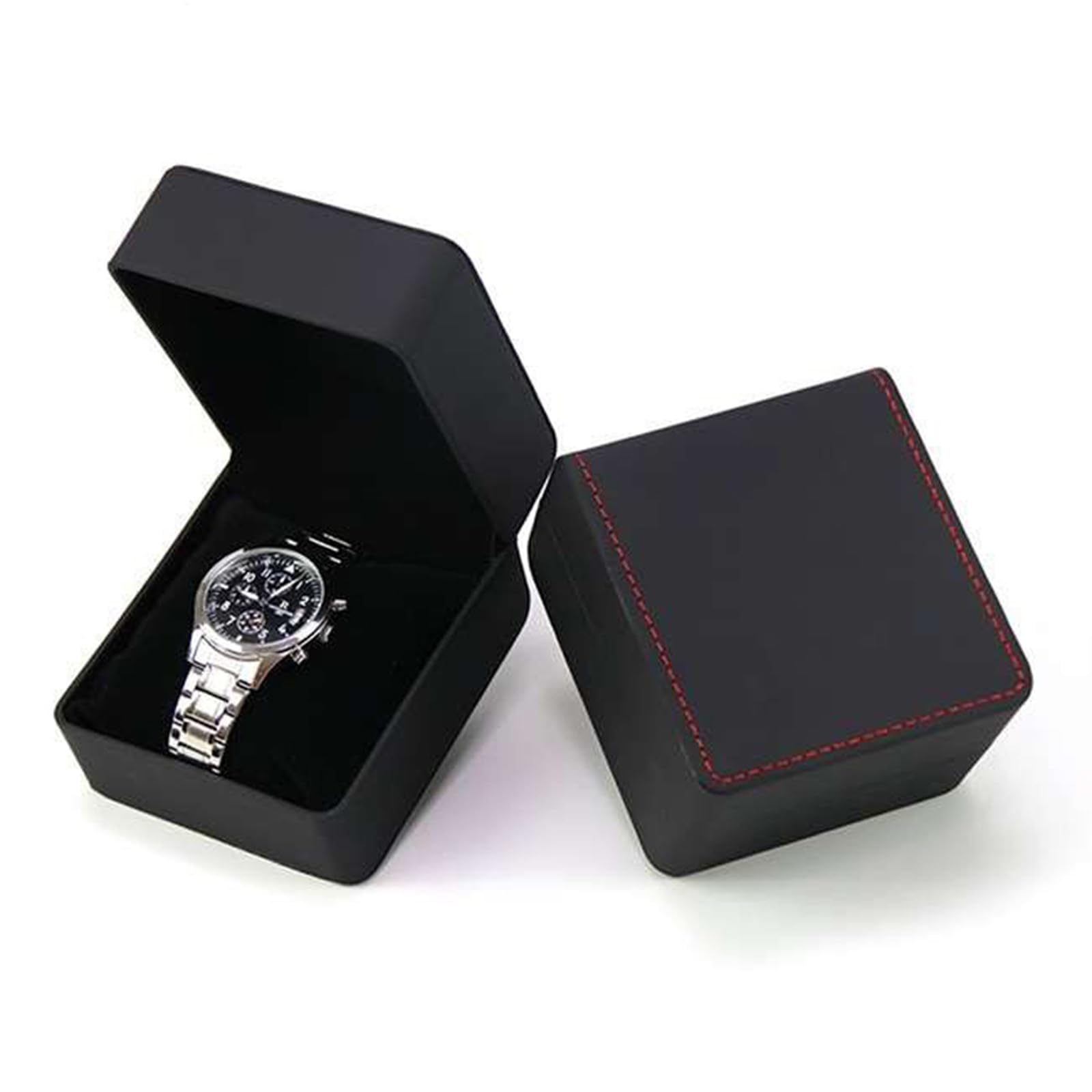 Premium PU Leather Watch Box with Soft Cushion - Luxury Watch Storage Case for Smartwatches, Jewelry & Accessories - Perfect Gift for Men & Women (Birthday, Anniversary) - Matte Black with Red Stitching - Ideal for Travel, Home Display & Watch Collection Organization