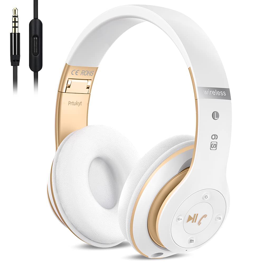 Premium 6S Wireless Bluetooth Headphones Over Ear - Hi-Fi Stereo Sound, Foldable Design with Built-in Mic & Volume Control - Compatible with iPhone, Samsung, iPad, PC (White & Gold) - Perfect for Travel, Workouts & Home Entertainment