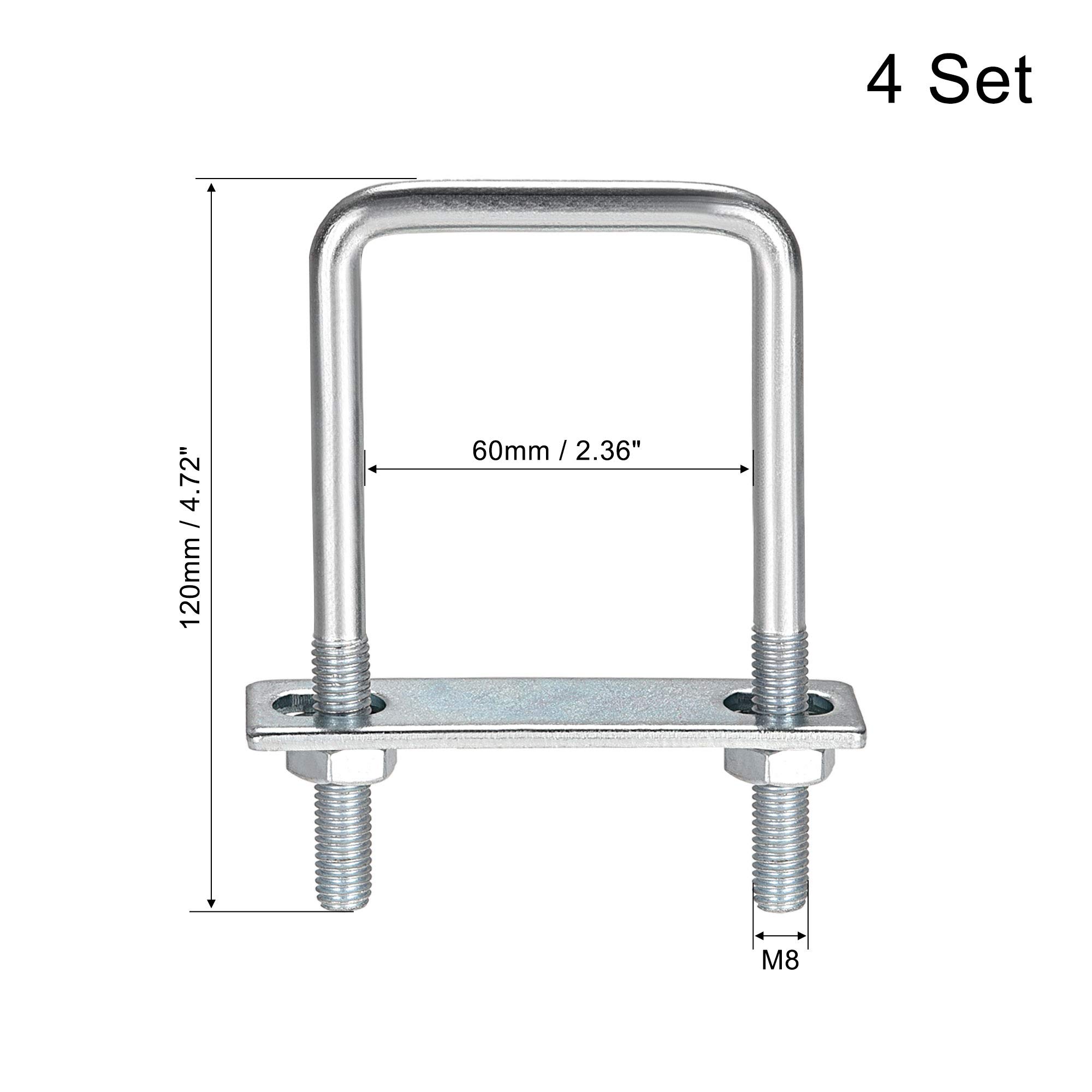 Carbon Steel M8 Square U-Bolts with Nuts & Washers 4-Pack - for Frame Mounting & DIY Projects