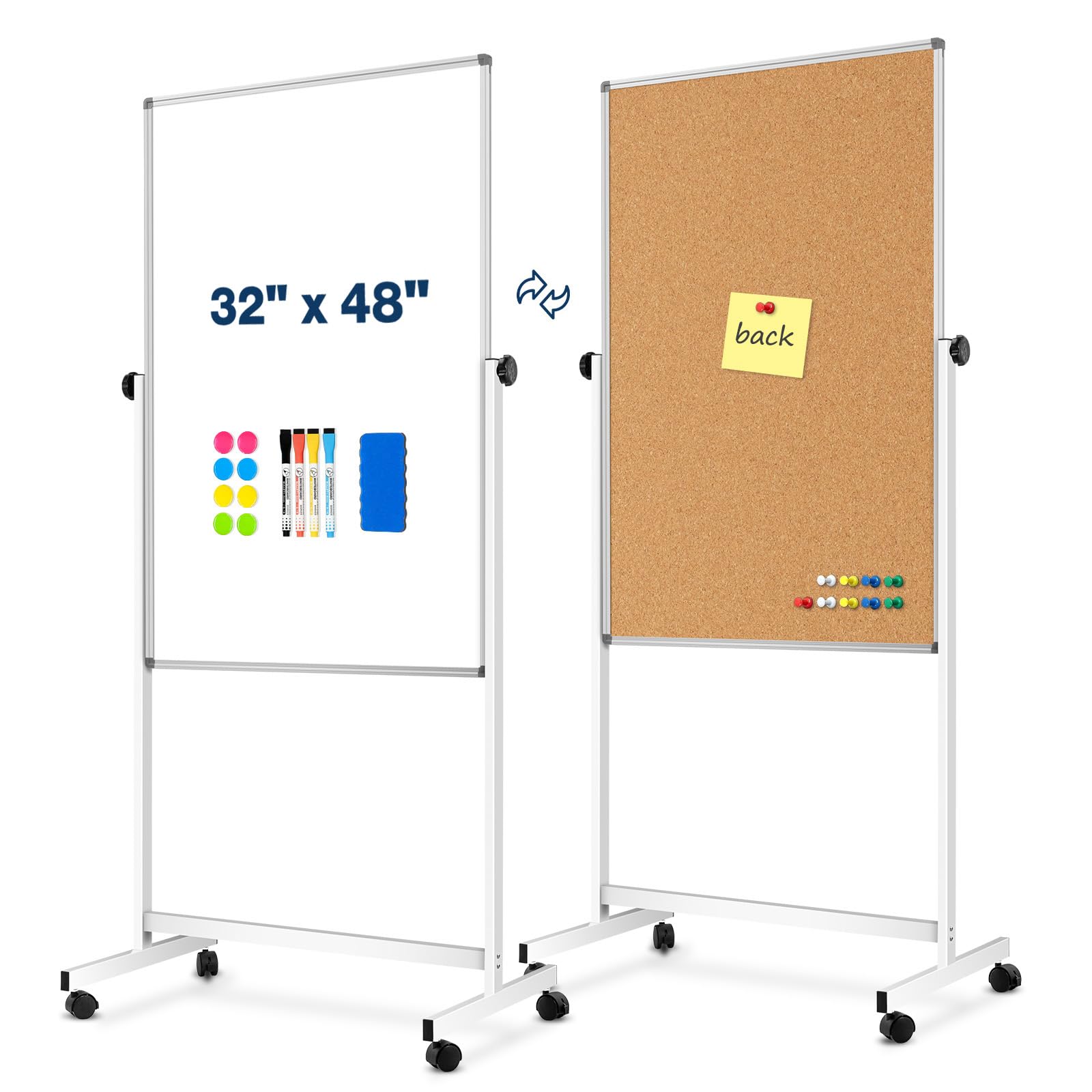 21 Sq/ft Large Rolling Whiteboard & Corkboard Combo with Stand - 32