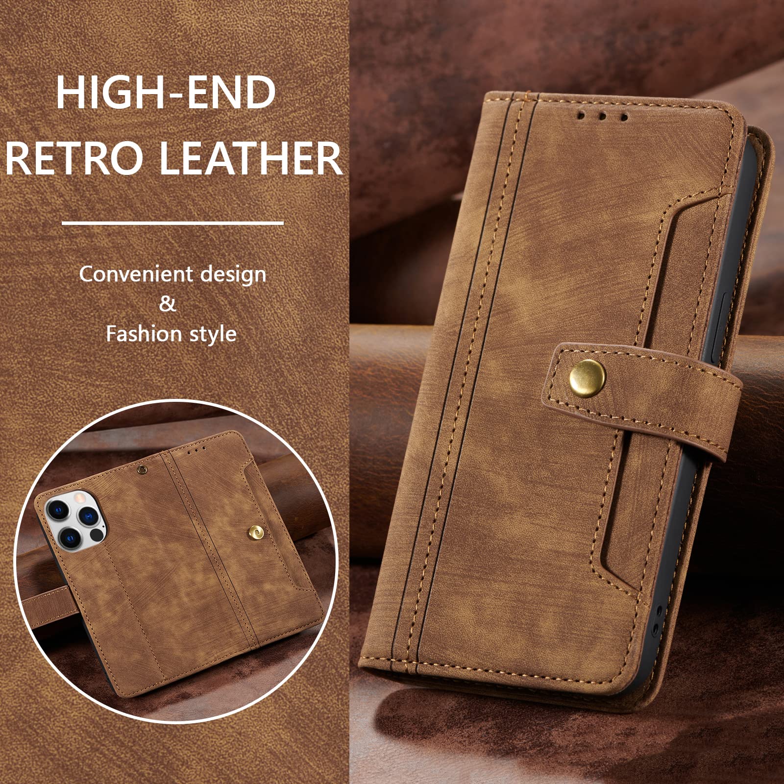 Premium PU Leather Wallet Case for iPhone 14 Pro Max - Shockproof Flip Cover with Card Holder Slots, Magnetic Clasp & Kickstand | Perfect for Business, Travel & Everyday Use (Brown)