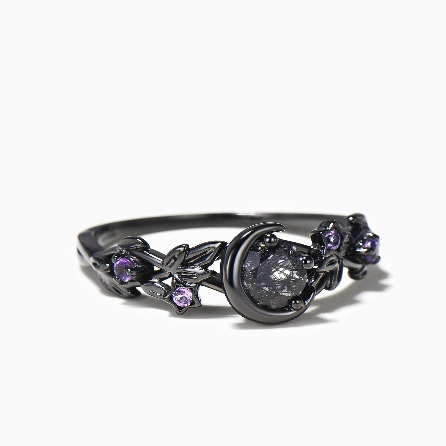 Black Rutilated Quartz Moon Engagement Ring - Round Cut Amethyst Nature Inspired Wedding Band for Women, Perfect for Proposals, Anniversaries & Boho Chic Style
