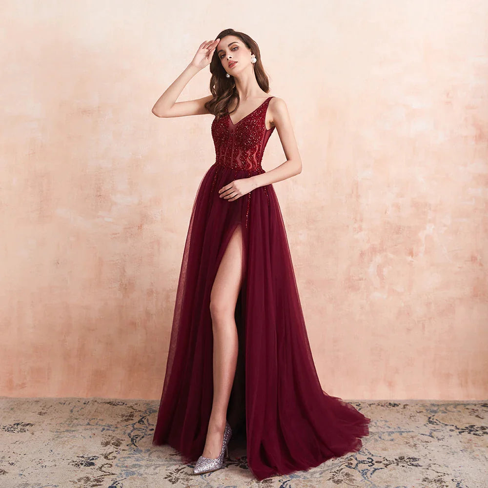Elegant Beaded Prom Dresses - Long Sexy V-Neck High Slit Tulle Evening Gown with Sweep Train | Sleeveless A-Line Backless Formal Dress for Homecoming, Wedding, Party & Special Occasions
