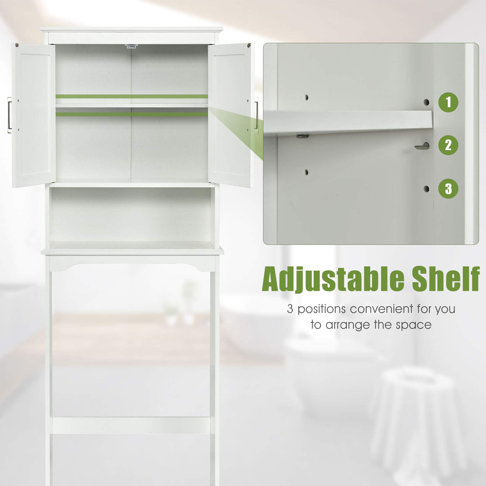 Over The Toilet Storage Cabinet - White Bathroom Organizer with Adjustable Shelves & Double Doors (25