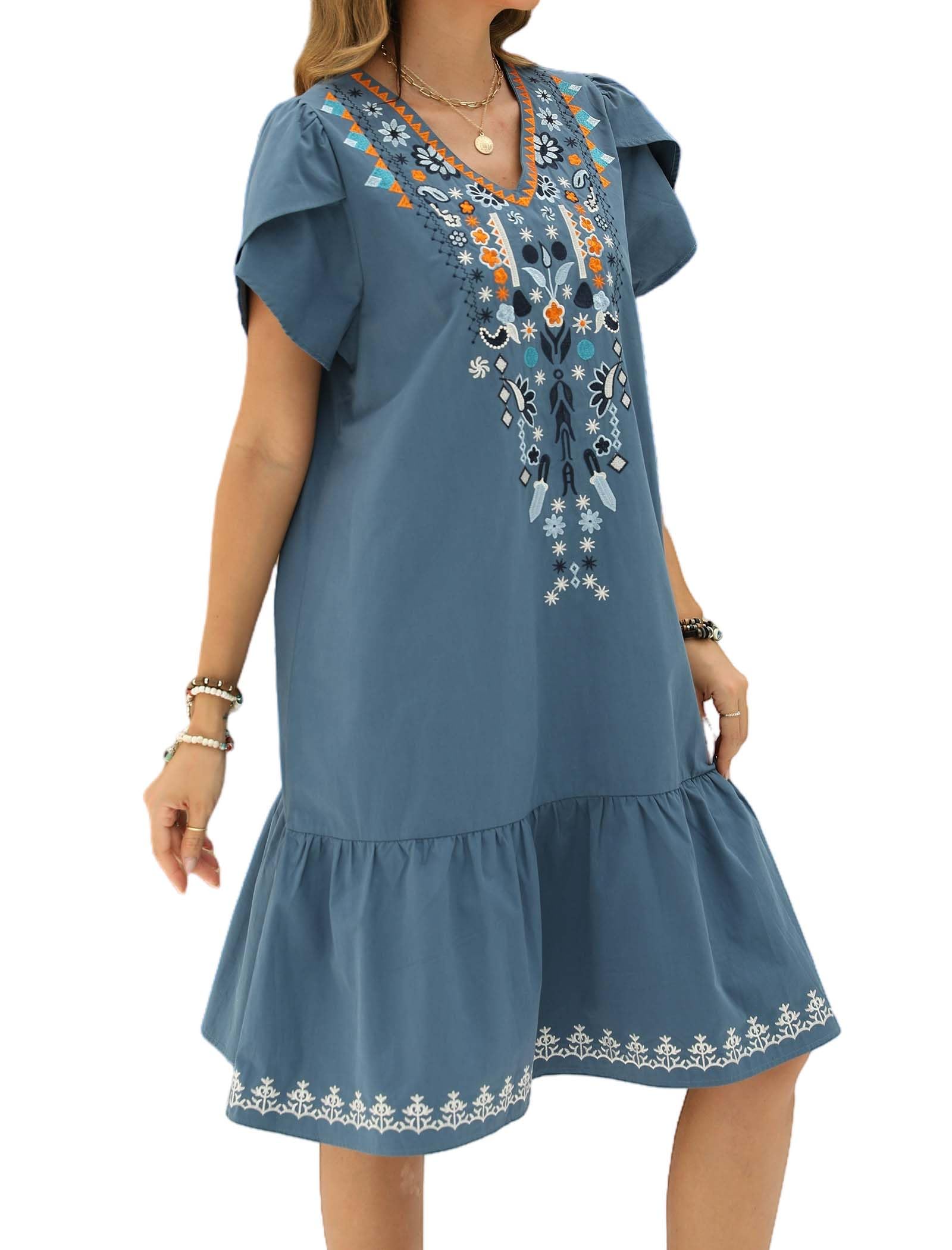 LauraKlein Women's Summer Floral Embroidered Boho Dress with Ruffled Sleeves - Mexican Peasant Style Casual Maxi Dress for Beach, Vacation & Outdoor Parties