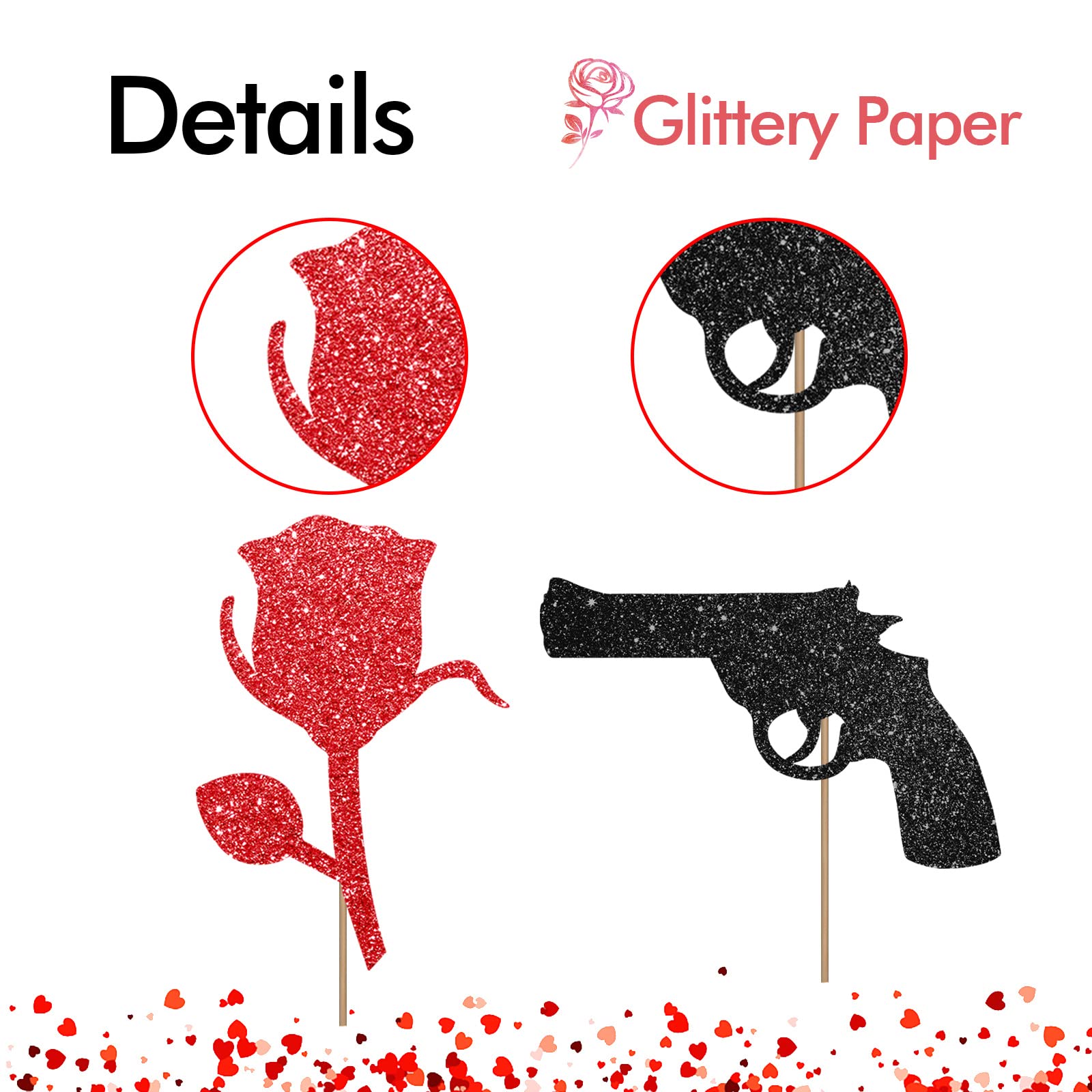24PCS Guns or Roses Cupcake Toppers - Black & Red Glitter for Baby Showers & Gender Reveal Parties