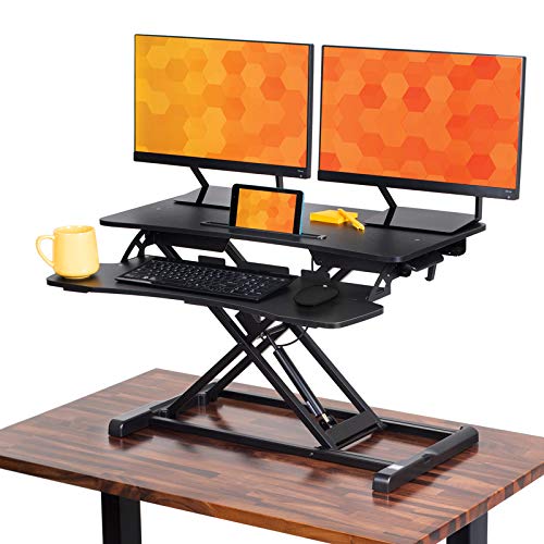 Flexpro Hero 32 Inch Adjustable Standing Desk Converter - Dual Level Sit Stand Workstation with Keyboard Tray & Monitor Riser | Ergonomic Home Office Desk for Computer Work | Black 32