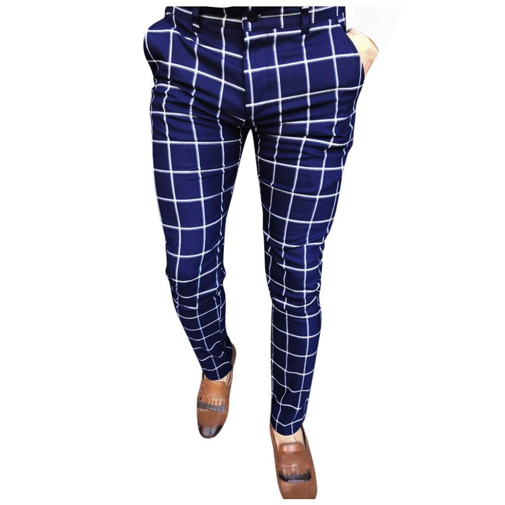 Men's Slim Fit Plaid Jogger Pants - Casual Skinny Flat-Front Dress Pants Trousers for Work, Office & Everyday Wear