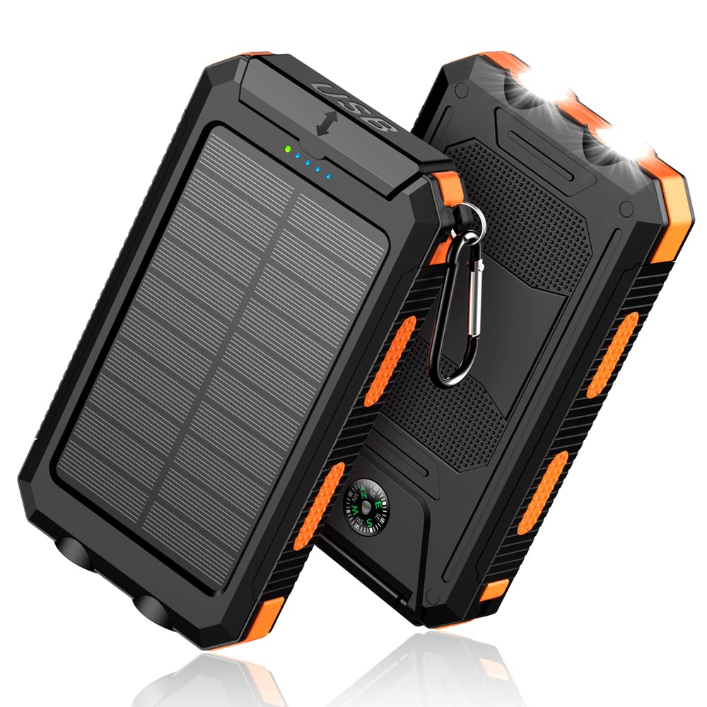Feeke 36800mAh Solar Power Bank with QC3.0 Fast Charging, Dual USB Ports, Built-in LED Flashlight & Compass - Portable Charger for iPhone, Samsung, Android Phones & Electronic Devices (Orange) - Perfect for Camping, Hiking, Travel & Emergency Power Backup