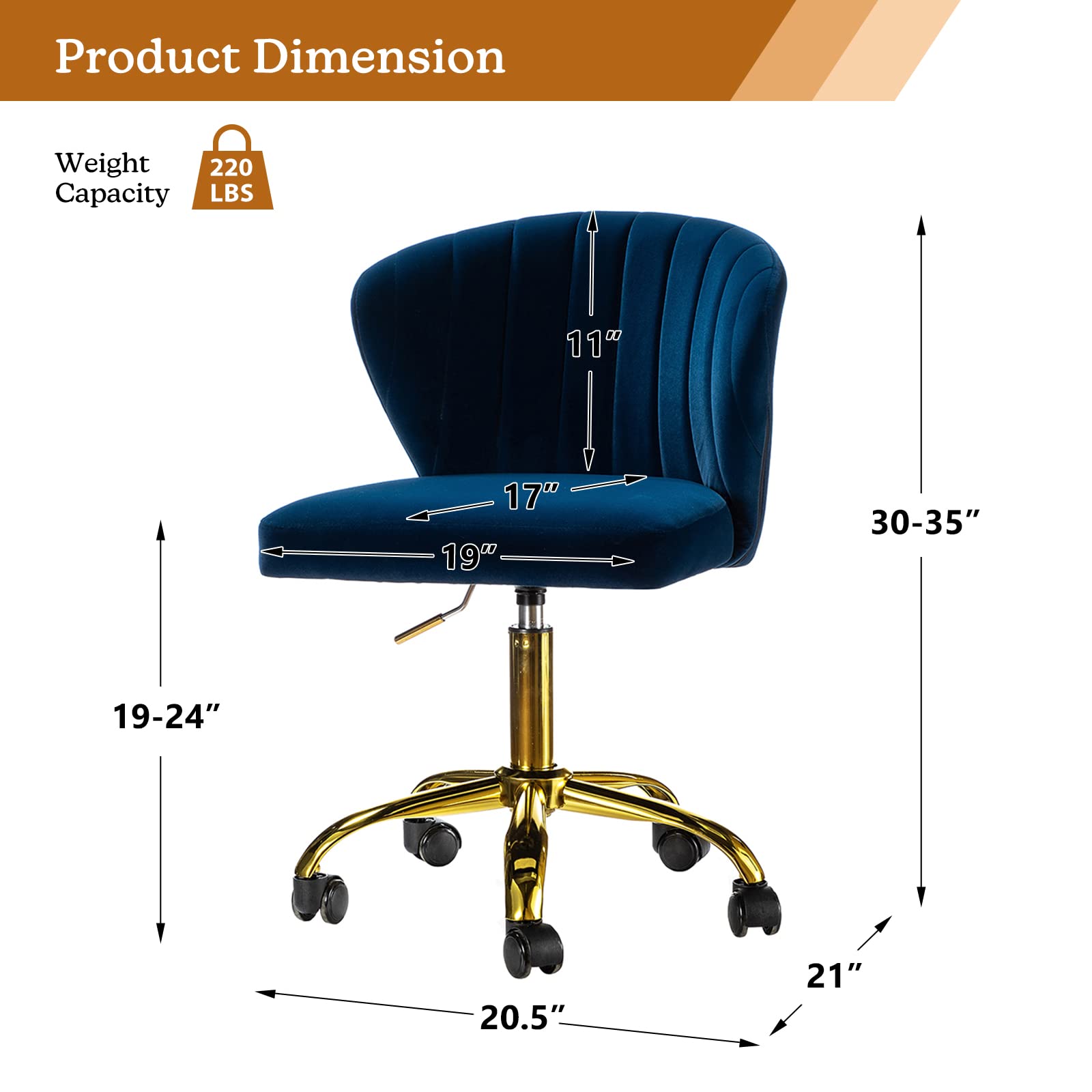 TINA'S HOME Modern Velvet Armless Office Chair with Wheels & Gold Base - Adjustable Low Back Swivel Rolling Task Chair for Home Office, Living Room, Vanity or Study - Navy Blue Upholstered Desk Chair for Comfortable Workspace