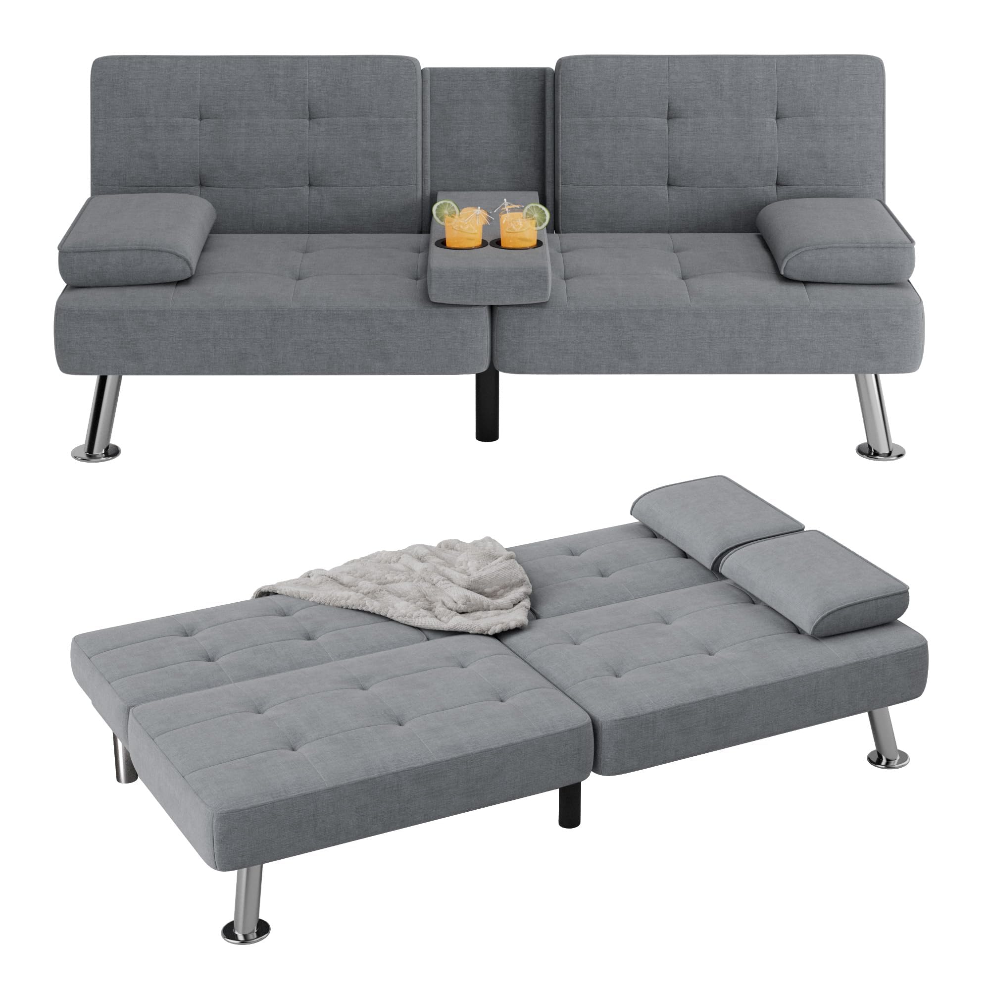 Modern Folding Futon Sofa Bed - Convertible Linen Fabric Recliner Lounge with 2 Cup Holders & Removable Armrests for Living Room, Bedroom or Guest Room (Grey) - Space-Saving Multi-Functional Furniture for Small Apartments & Home Offices