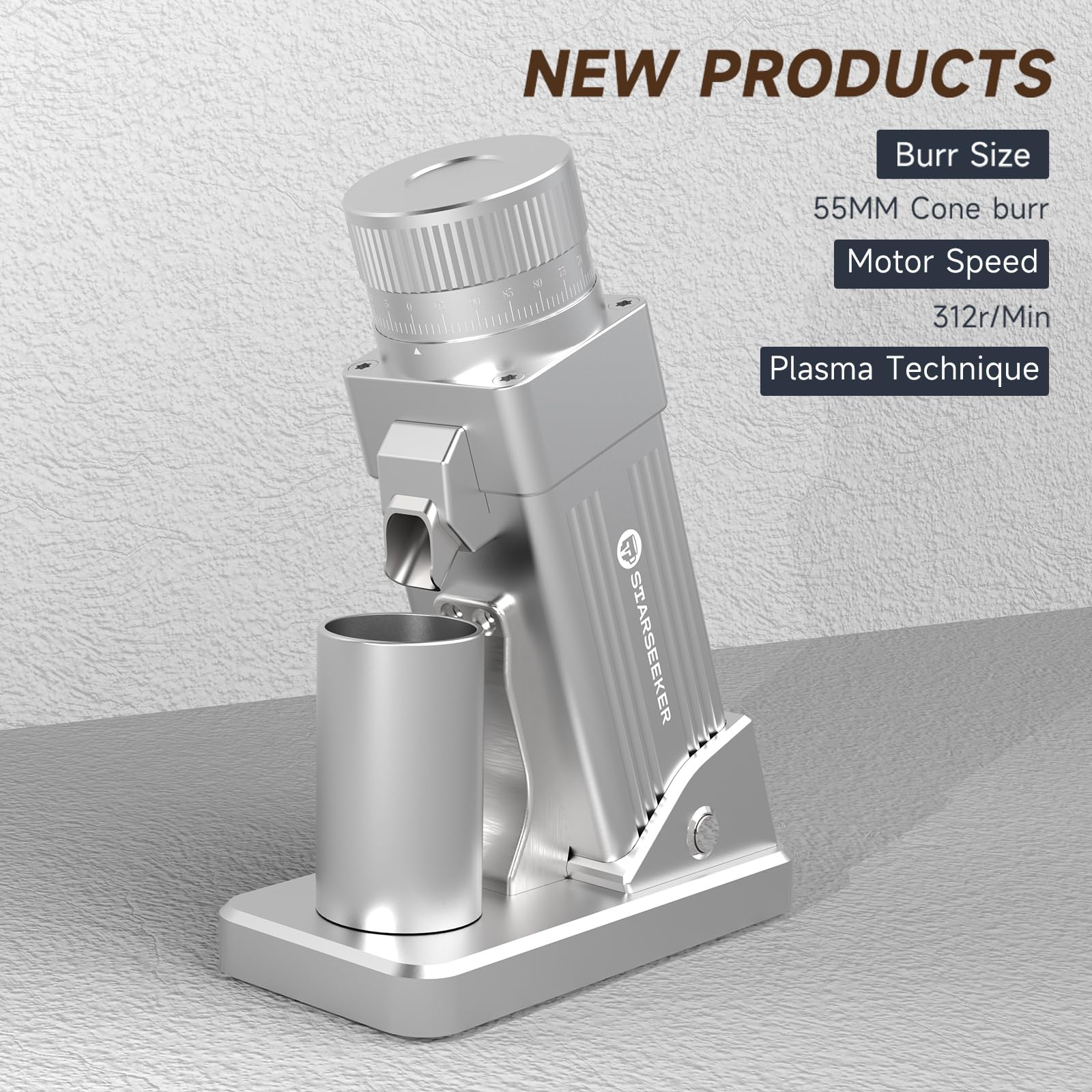 STARSEEKER E55 Electric Coffee Grinder - 55mm Conical Burr, 60 Grind Settings for Espresso, Drip Coffee, French Press & Cold Brew, Single Dose Design, Aluminum Housing (Silver) - Perfect for Home Baristas & Coffee Enthusiasts