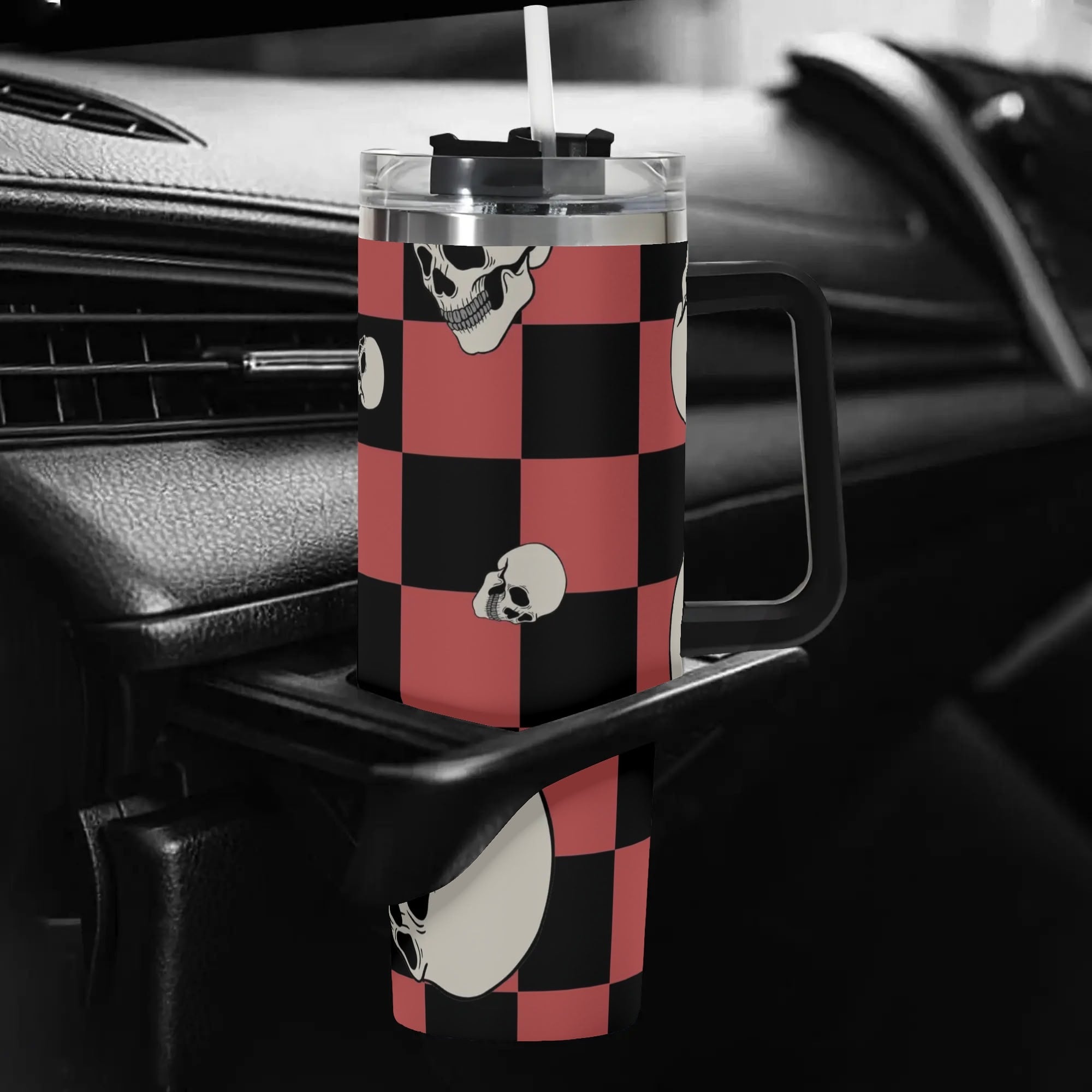 Checkers and Skulls 40 oz Insulated Tumbler with Handle and Straw Lid - Double Wall Stainless Steel Travel Mug for Hot & Cold Drinks - Perfect for Camping, Office, Gym, and Outdoor Adventures