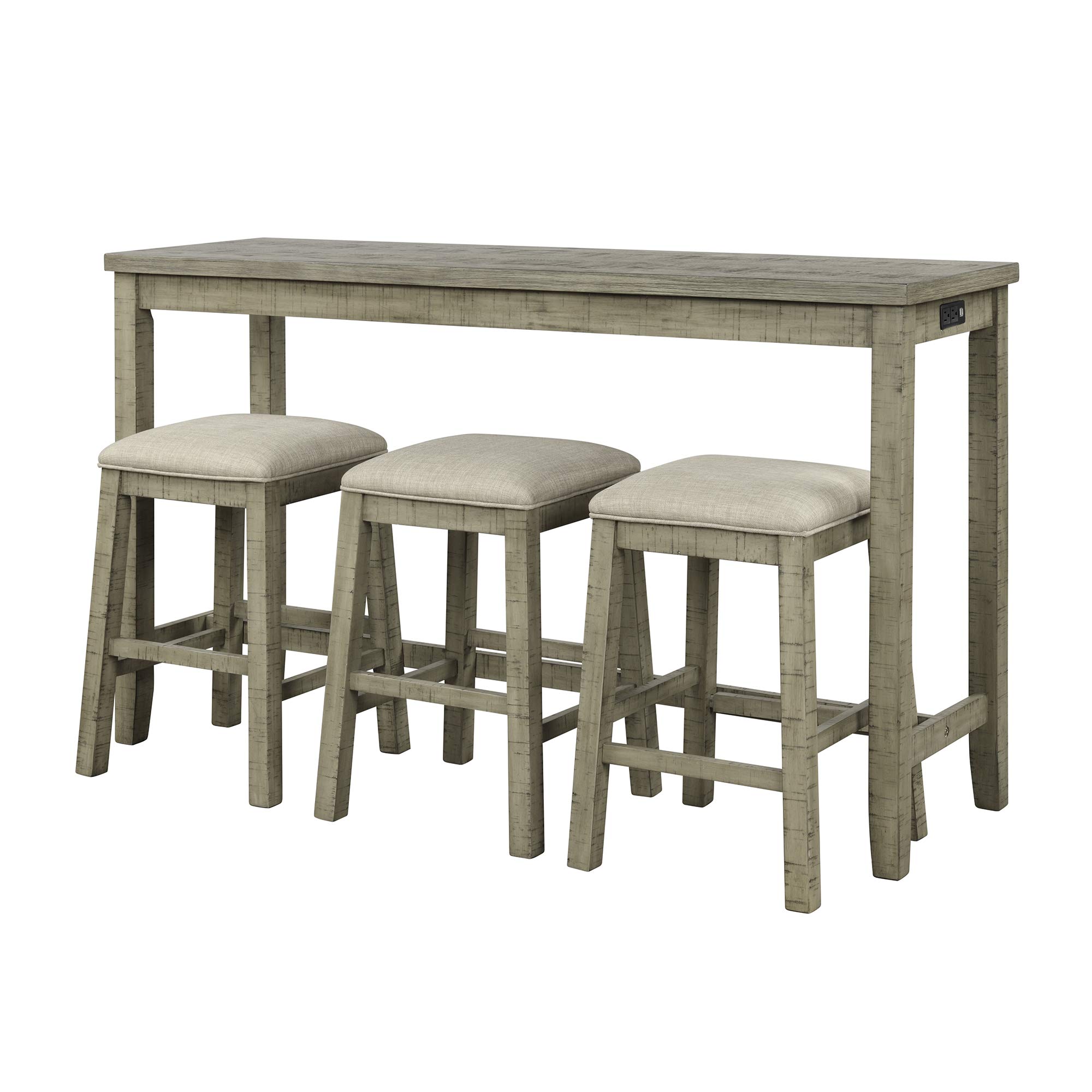 4-Piece Rustic Counter Height Table Set with Fabric Padded Stools, Multi-Purpose Bar Dining Table with Built-in Charging, Perfect for Kitchen, Living Room, and Small Spaces