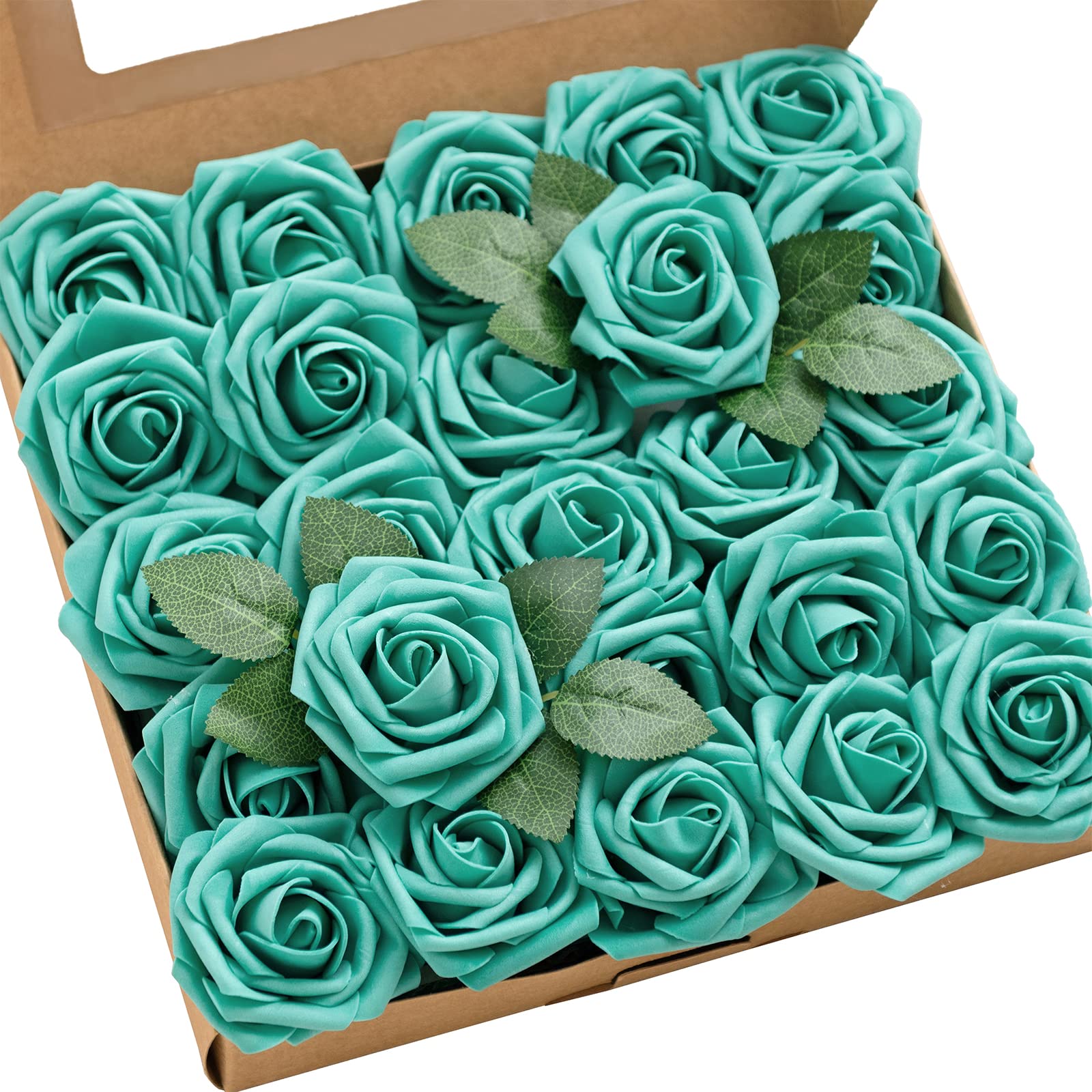 Ling's Moment 25pcs Realistic Teal Green Artificial Roses with Stems - DIY Wedding Bouquets, Bridal Shower Centerpieces, Home Decor for Parties & Events