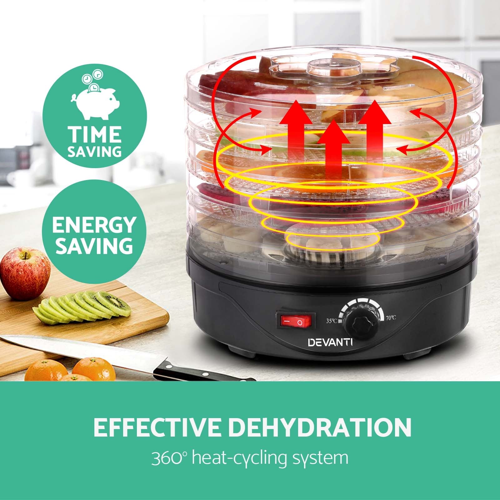 Devanti 5-Tray Food Dehydrator for Fruits, Vegetables & Jerky - Electric Food Dryer Machine for Healthy Snacks, Herbs, Pet Treats & Beef Jerky - Perfect for Home Kitchen, Camping & Meal Prep (Black)