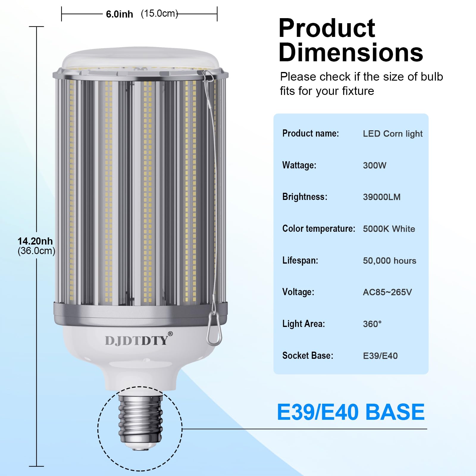 300W LED Corn Light Bulb E39 Base - 39000 Lumen 5000K Daylight - 100V-277V - High Brightness Energy Saving Bulb for Warehouse, Garage, Parking Lot, Stadium (1 Pack)