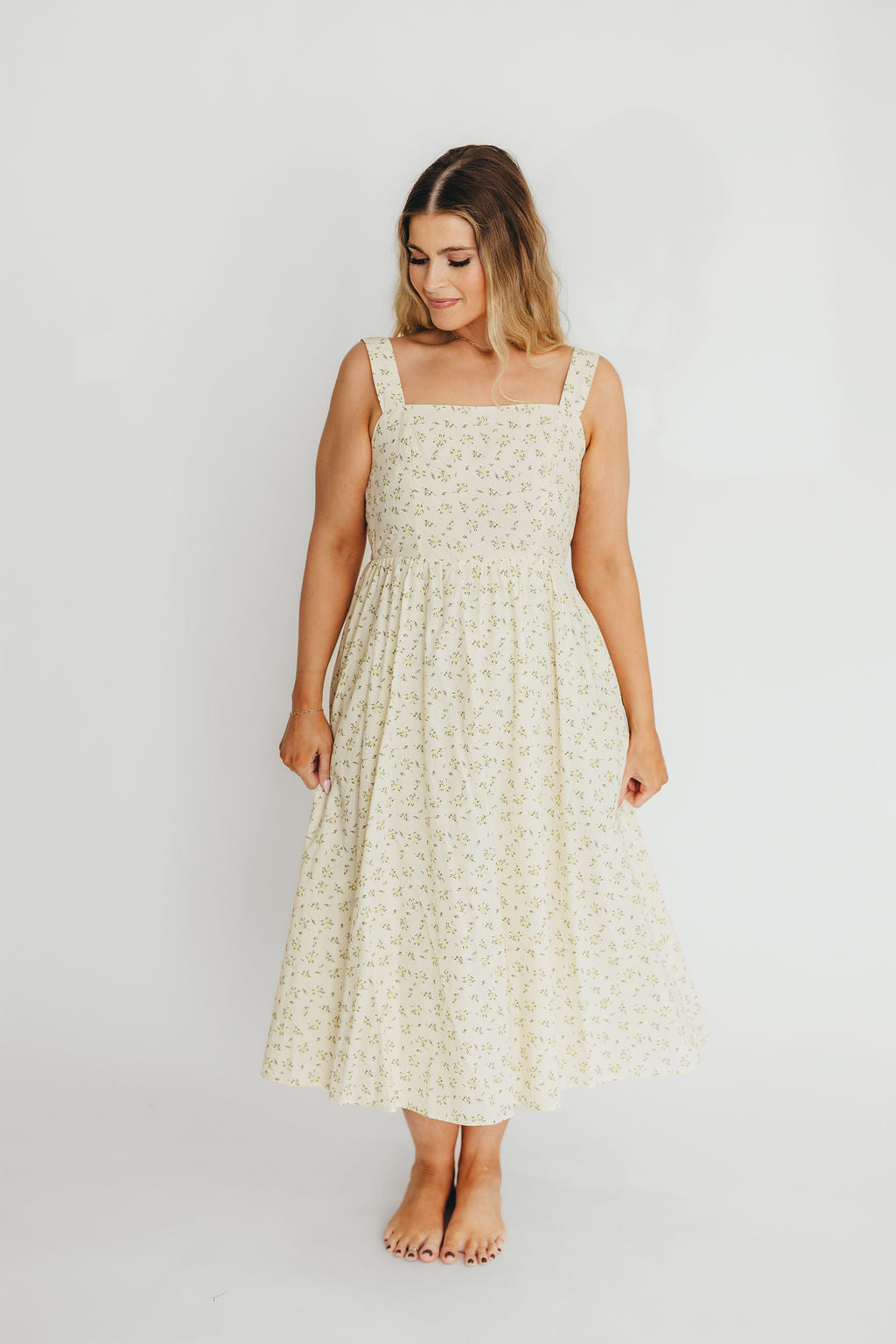 Tinsley 100% Cotton Floral Print Midi Dress - Cream | Women's Summer Casual Dress for Beach, Brunch & Date Night