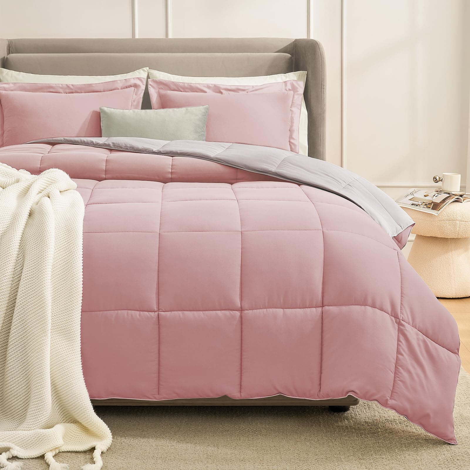 Homelike Moment King Size Comforter Set - Lightweight Reversible Down Alternative Bedding in Pink & Grey | 3-Piece All Season King Bed Set with 2 Shams | Perfect for Master Bedrooms, Guest Rooms & Cozy Home Decor