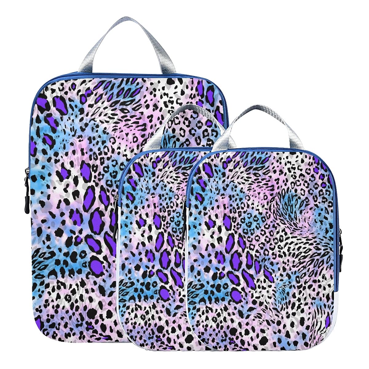 **MNSRUU Packing Cubes Set - 3 PCS Leopard Print & Purple/Blue Compression Travel Organizers for Luggage & Suitcases | Perfect for Business Trips, Vacations & Weekend Getaways**
