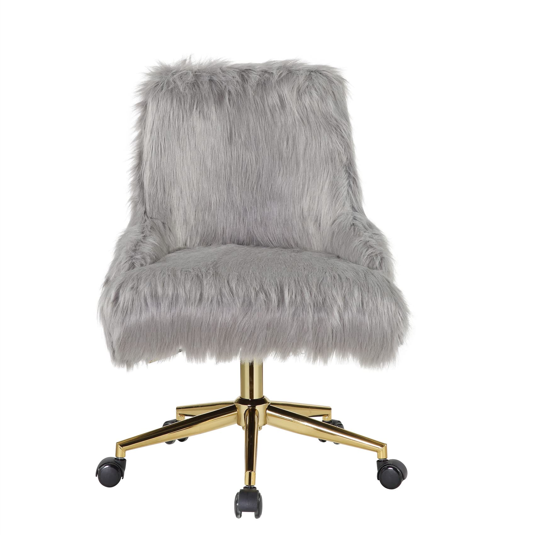 SSLine Faux Fur Vanity Chair - Elegant Grey Fluffy Makeup Stool with Wheels for Women & Girls, Modern Comfy Bedroom & Living Room Armchair (Grey & Gold) - Perfect for Dressing Tables, Beauty Stations, Home Offices and Cozy Reading Nooks