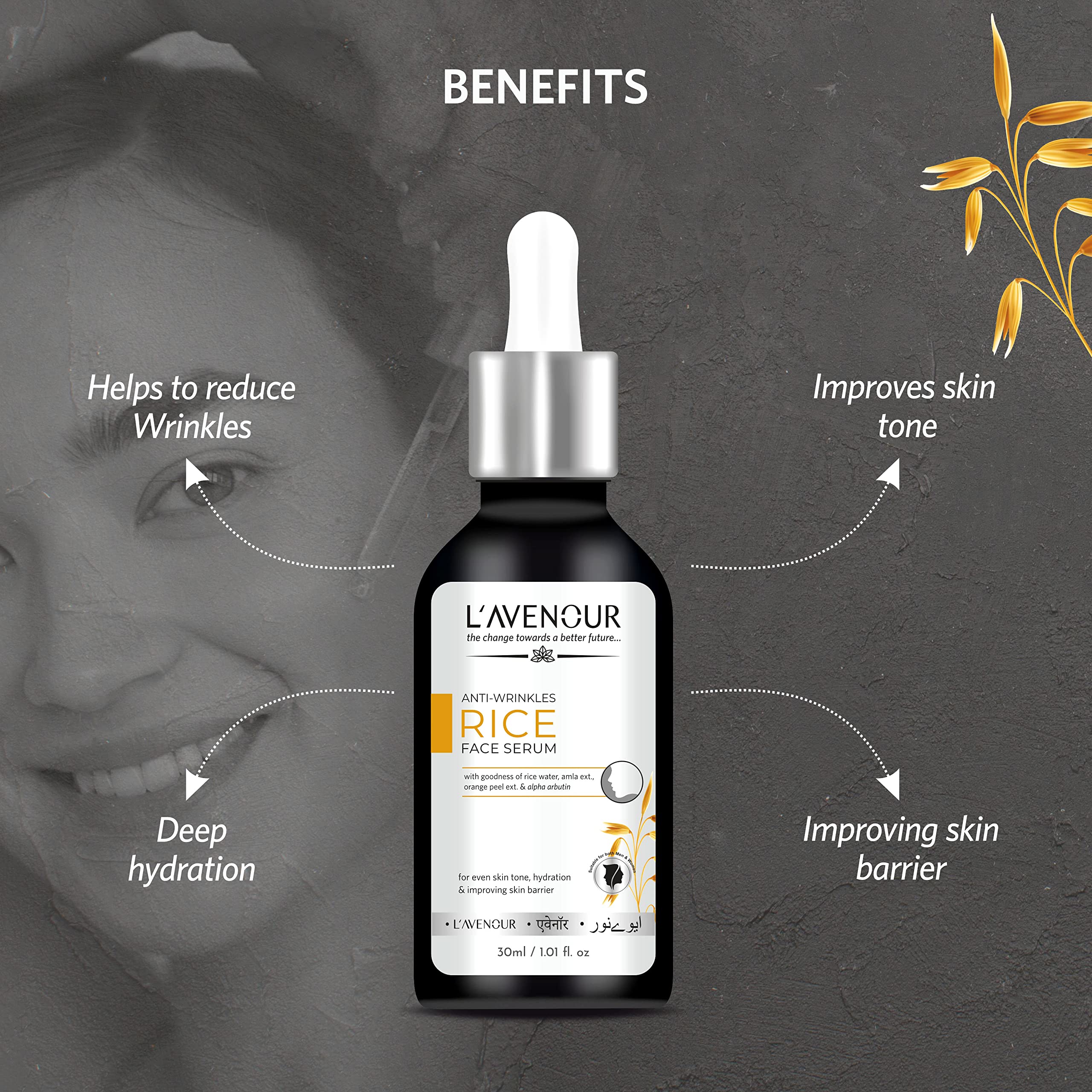 L'avenour Anti-Wrinkle Rice Face Serum for Even Skin Tone & Hydration | Improves Skin Barrier | 30ml | Perfect for Night Routine & Dry Skin Care