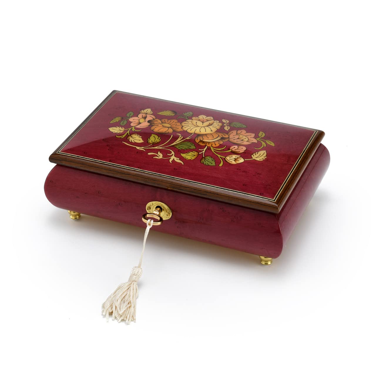 30-Note Musical Jewelry Box with Floral Inlay - Lock & Key - Red Wine Finish - Perfect for Gifts, Home Decor & Jewelry Storage - Play 