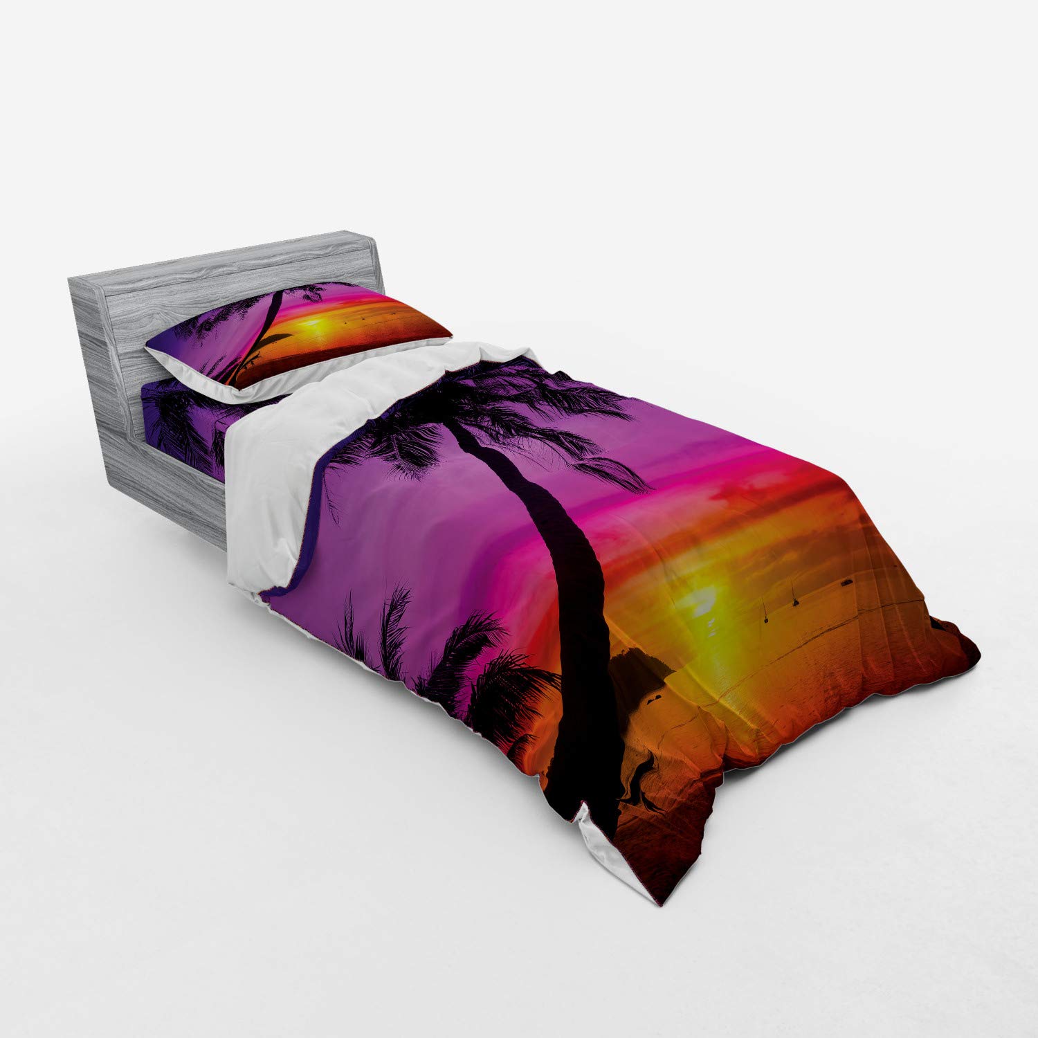 Ambesonne Tropical Bedding Set - Palm Tree Sunset Beach Duvet Cover 3 Piece Set with Pillow Sham & Fitted Sheet, Twin XL Size in Purple Orange Black | Coastal Themed Bedroom Decor for Summer Vacation Vibes