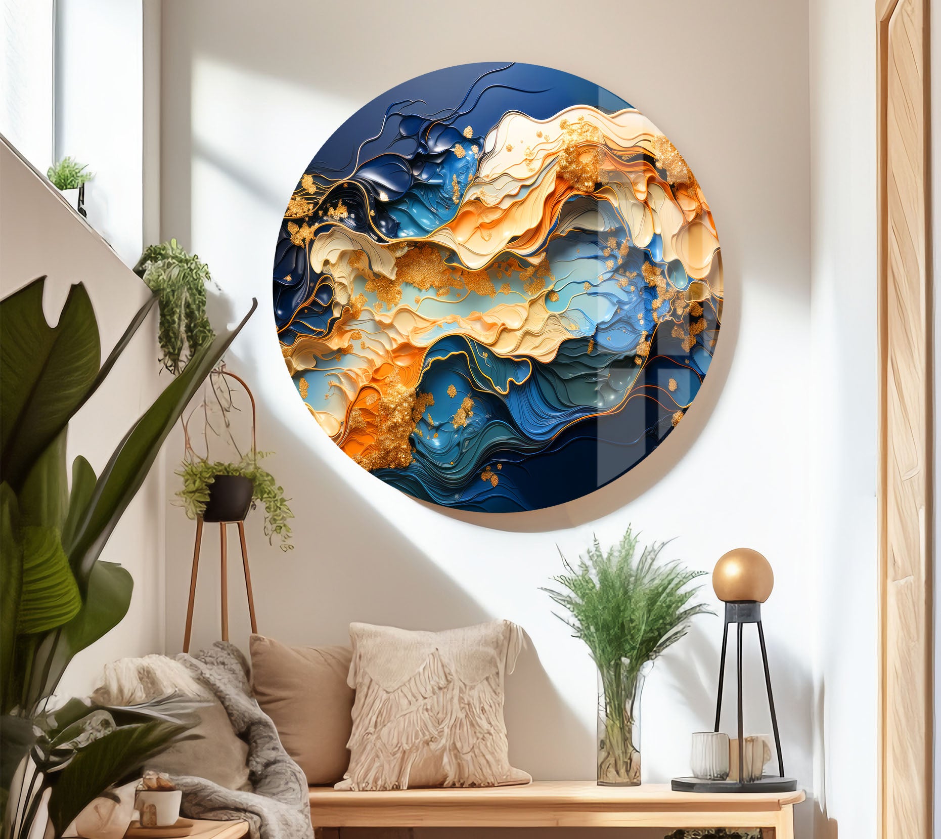 Blue Gold Abstract Wave Wall Art - Modern Fluid Glass Print for Home & Office Decor | Elegant Interior Design for Living Room, Bedroom & Office Spaces