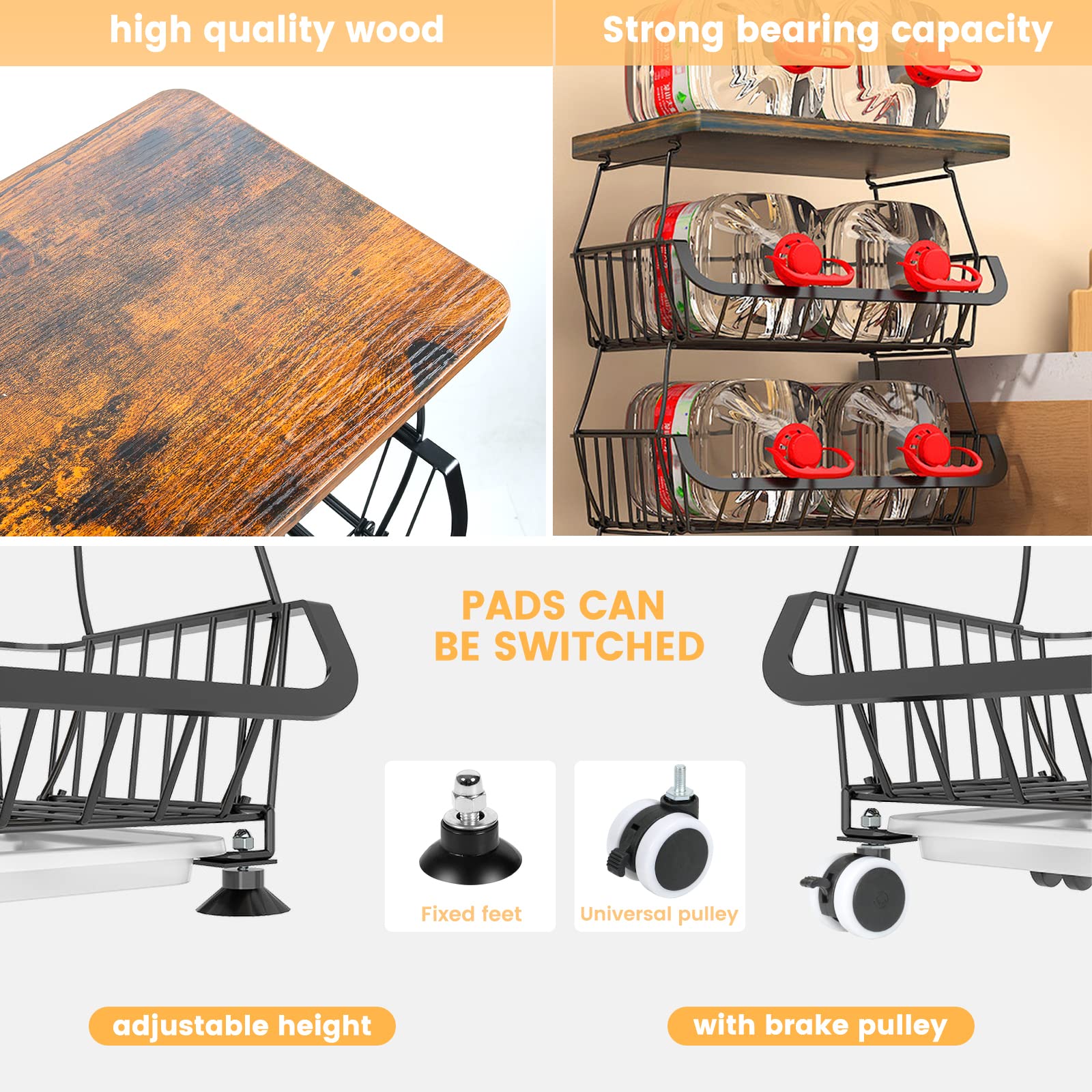 5-Tier Stackable Heavy Duty Wire Rolling Cart for Kitchen & Bathroom - Fruit & Vegetable Storage Basket Organizer with 2 Free Hanging Baskets | Perfect for Pantry Organization, Countertop Display & Small Space Storage