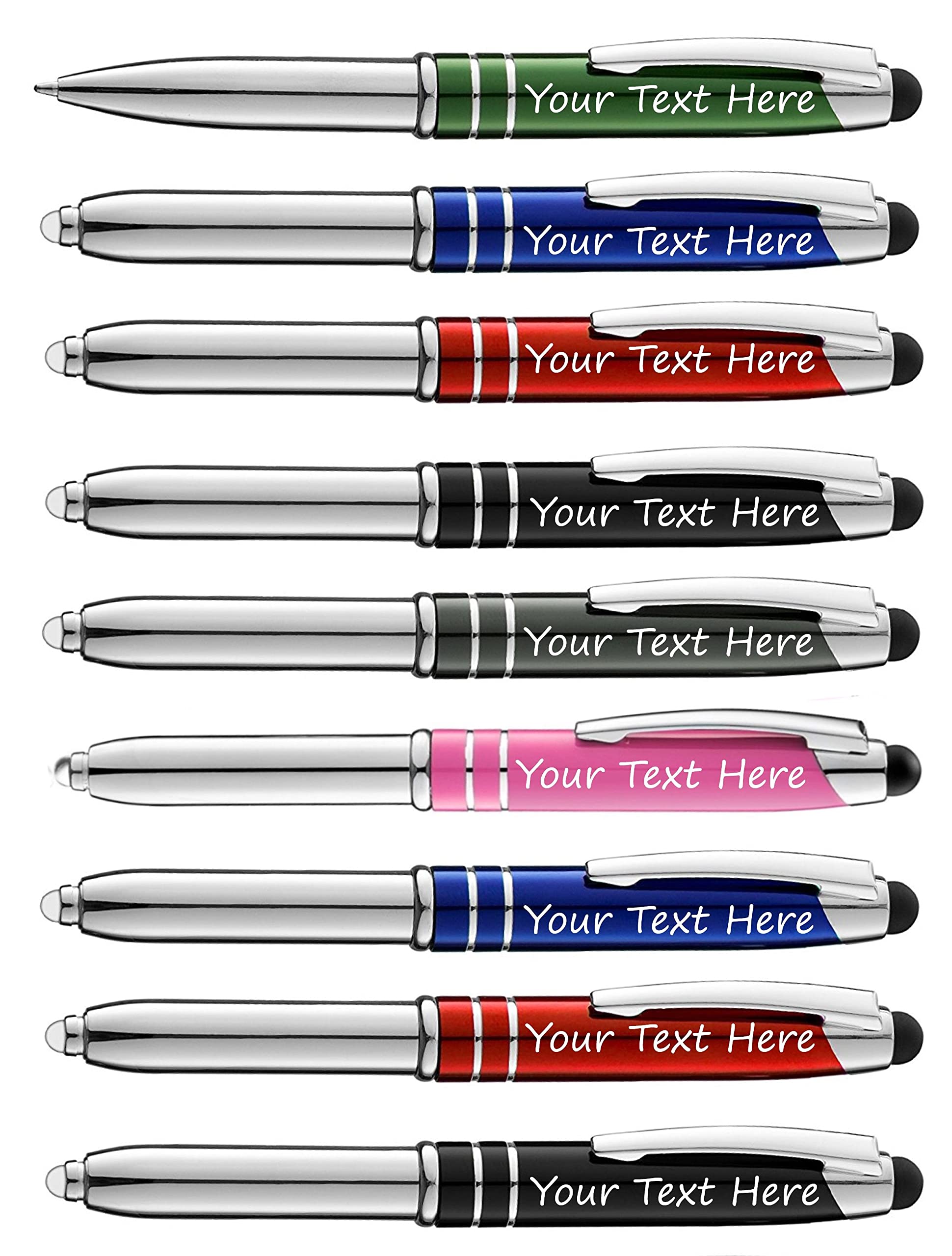 50 Custom Logo Pens with LED Flashlight & Stylus - Bulk Pack for Marketing, Events & Corporate Gifts - 3-in-1 Ballpoint Pen, Touchscreen Stylus & LED Light - Perfect for Trade Shows, Promotions & Office Use