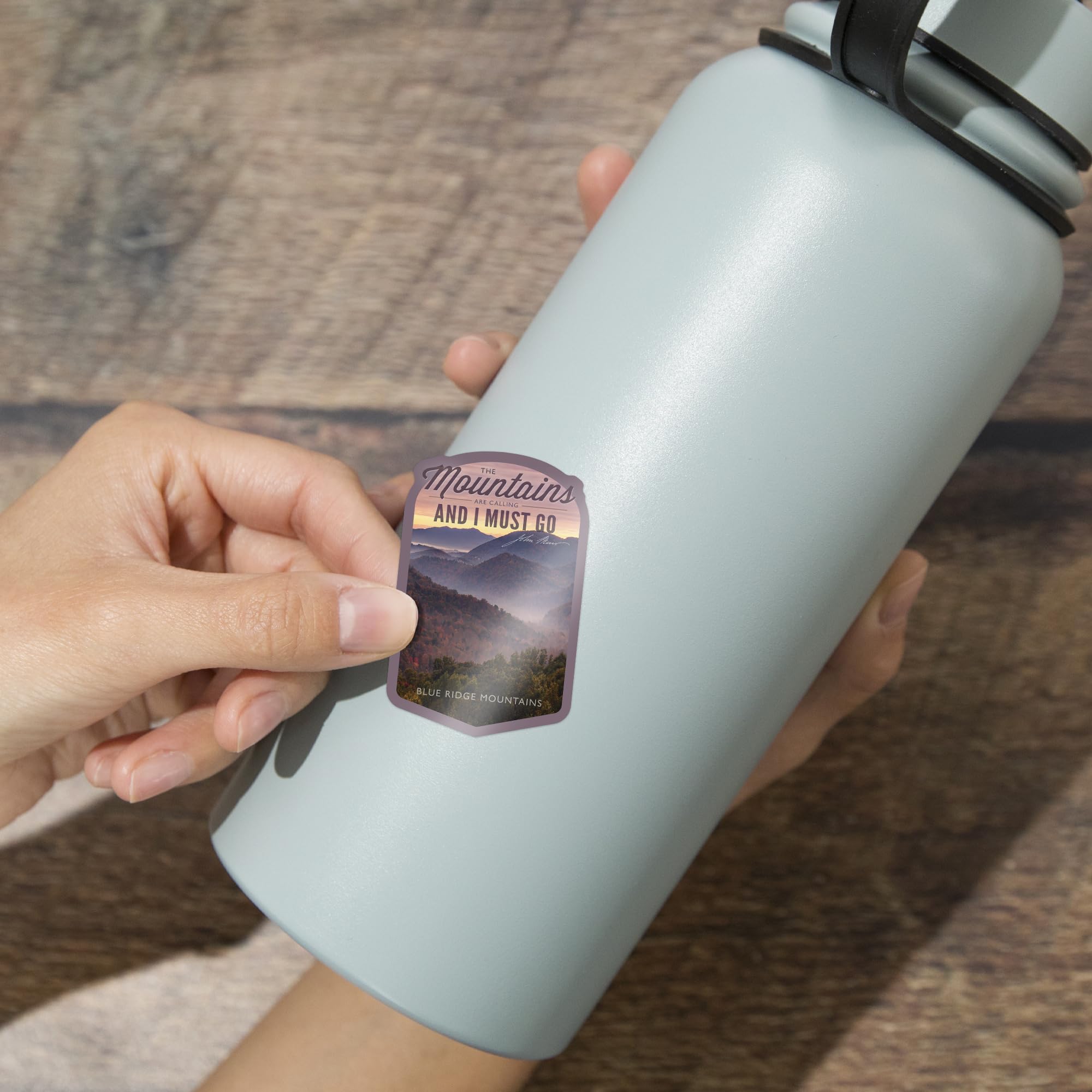 John Muir Die Cut Sticker - Blue Ridge Mountains Sunset Design (1-3 Inch Waterproof Vinyl Decal) for Cars, Water Bottles, Laptops & Coolers - Perfect for Outdoor Enthusiasts, Hiking Gear & Travel Accessories