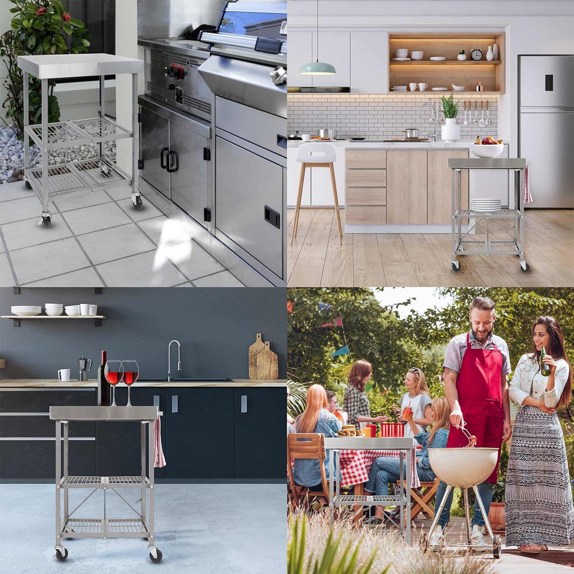Foldable Kitchen Island Cart with Wheels - Origami RBT Silver Storage Table Organizer | Portable Mobile Kitchen Workstation for Small Spaces, Cooking Prep & Dining Serving