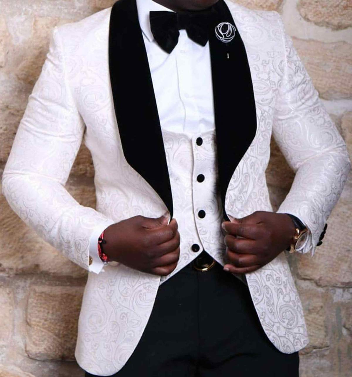 SOLOVEDRESS Men's 3-Piece Jacquard Slim Fit Tuxedo Suit with Shawl Lapel for Wedding, Groomsmen & Formal Events (Blazer + Vest + Pants) - Perfect for Prom, Black Tie Parties & Business Occasions