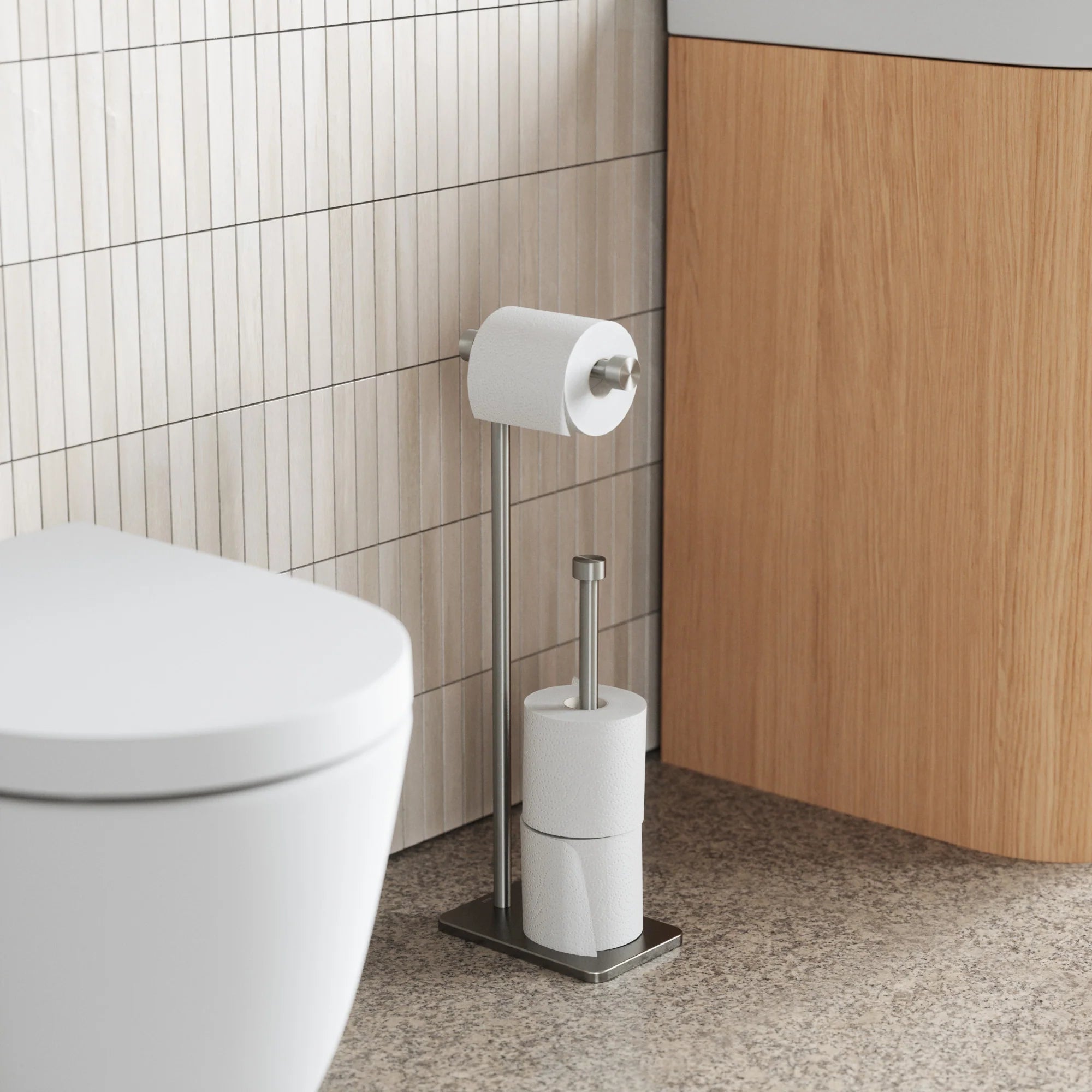 Nickel-Plated Cappa Toilet Paper Holder with Stand - Bathroom Tissue Dispenser for Modern Home & Commercial Use - Perfect for Restrooms, Powder Rooms, and Guest Bathrooms