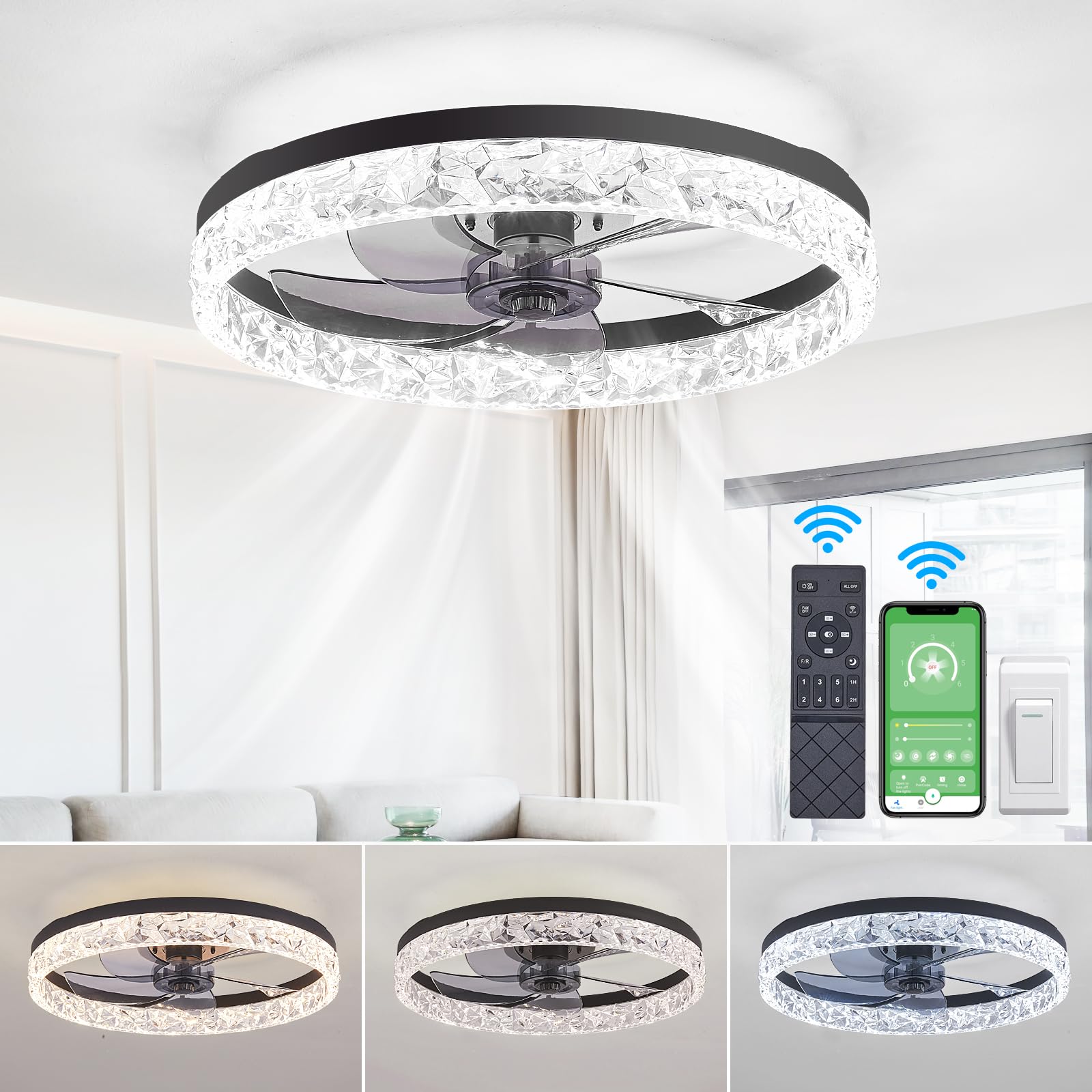 Modern Dimmable Flush Mount Ceiling Fan with Lights & Remote - 20