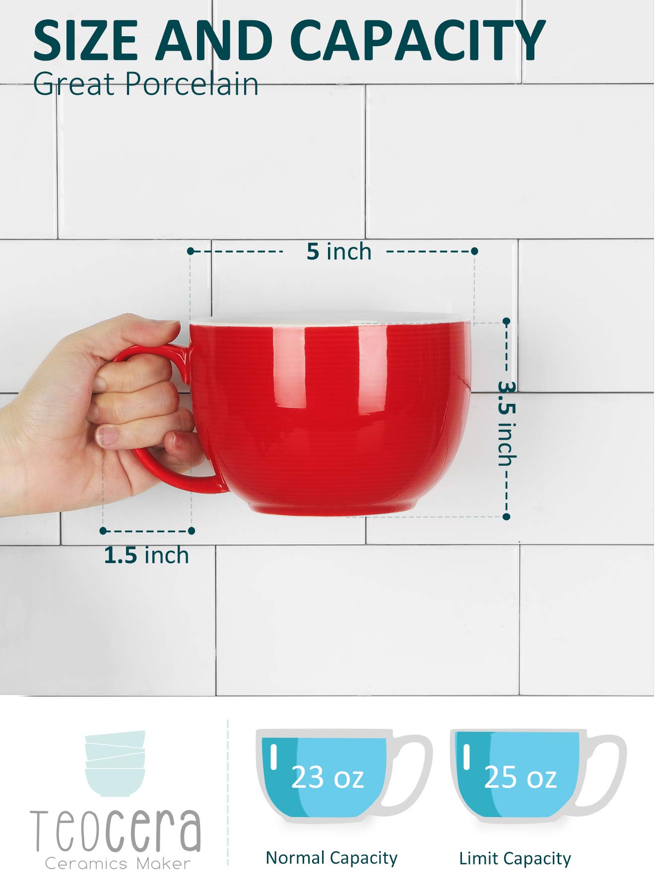 Teocera 24oz Red Striped Coffee Mugs Set of 4 - Large Jumbo Mugs for Coffee, Tea, Hot Chocolate - Microwave & Dishwasher Safe - Perfect for Home, Office, Gifts & Holiday Decor