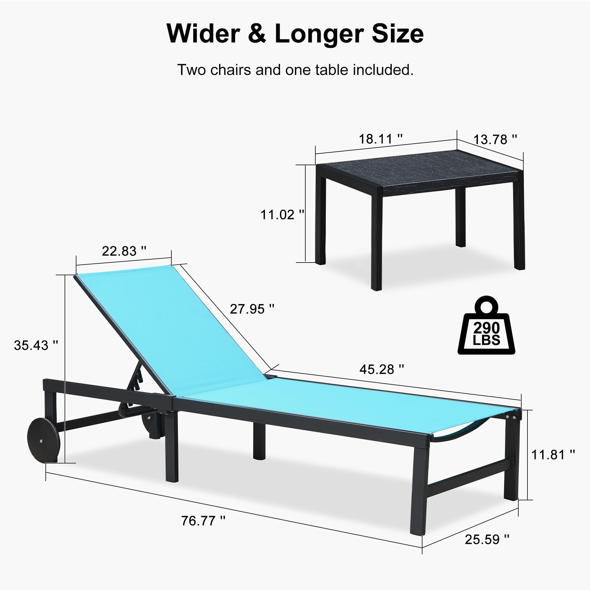 PURPLE LEAF Outdoor Chaise Lounge Chairs Set - Adjustable Aluminum Recliner with Wheels & Side Table - Perfect for Poolside, Beach, Patio & Sunbathing - Blue